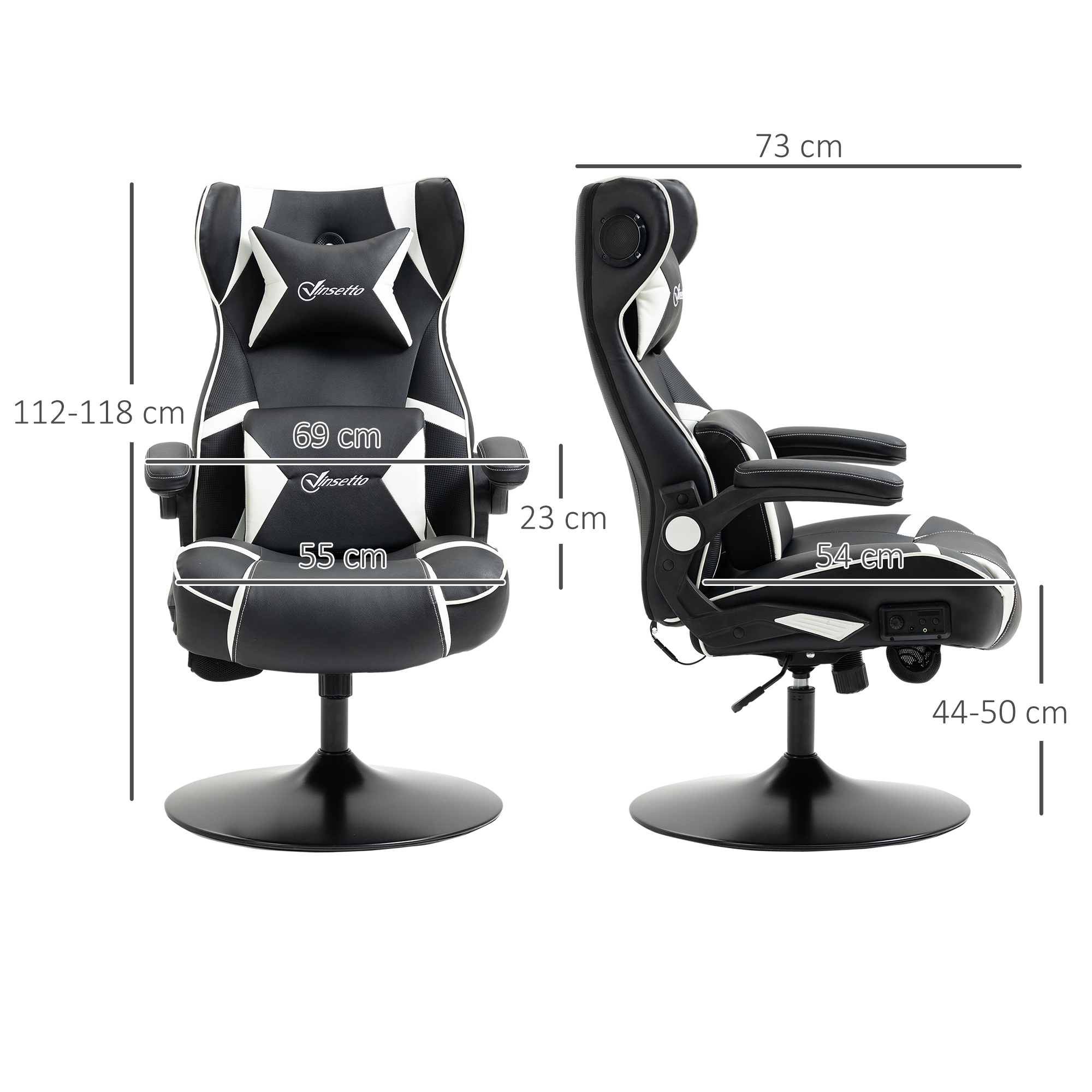 Gamingsessel, Gamingstuhl, integrierte Lautsprecher, neigbare Rücklehne, schwarz+weiß, 69 x 73 x 118cm