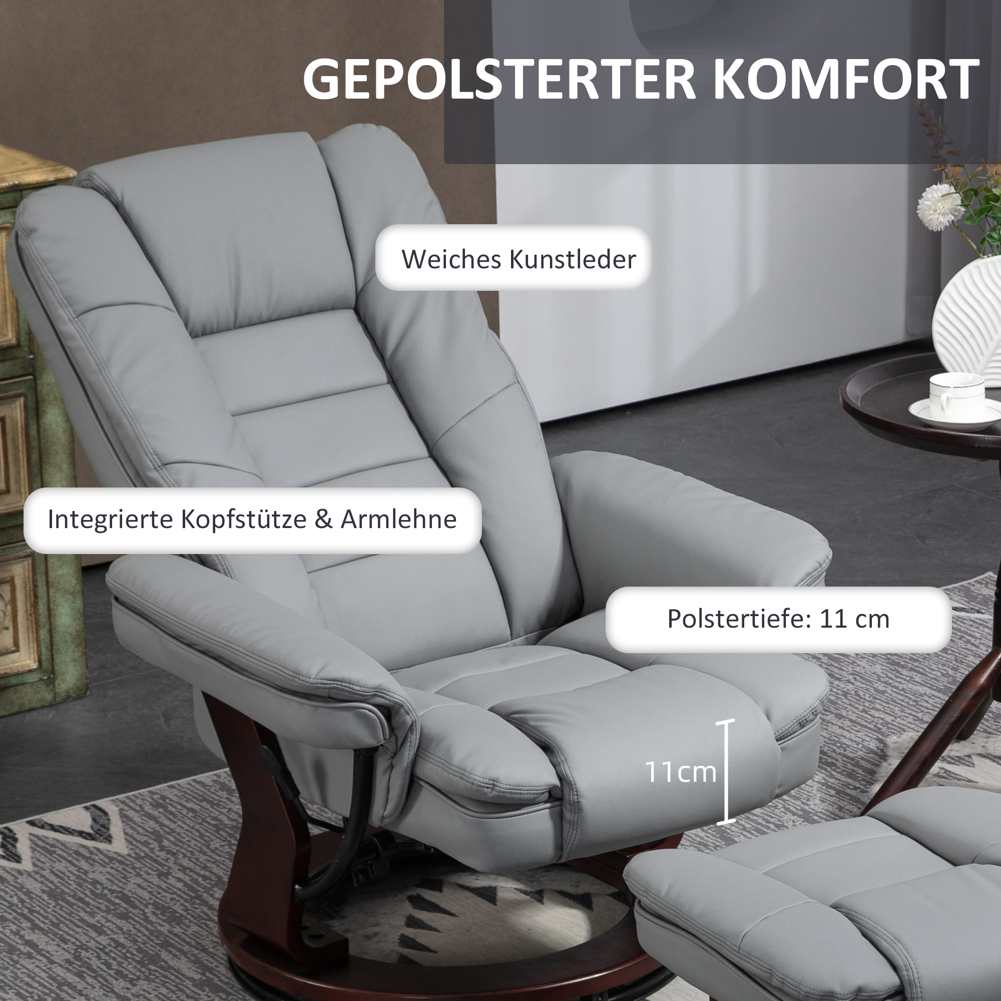 Relaxsessel mit Hocker, Liegesessel, drehbar, neigbare Lehne, Lederoptik, bis 130 kg, Grau