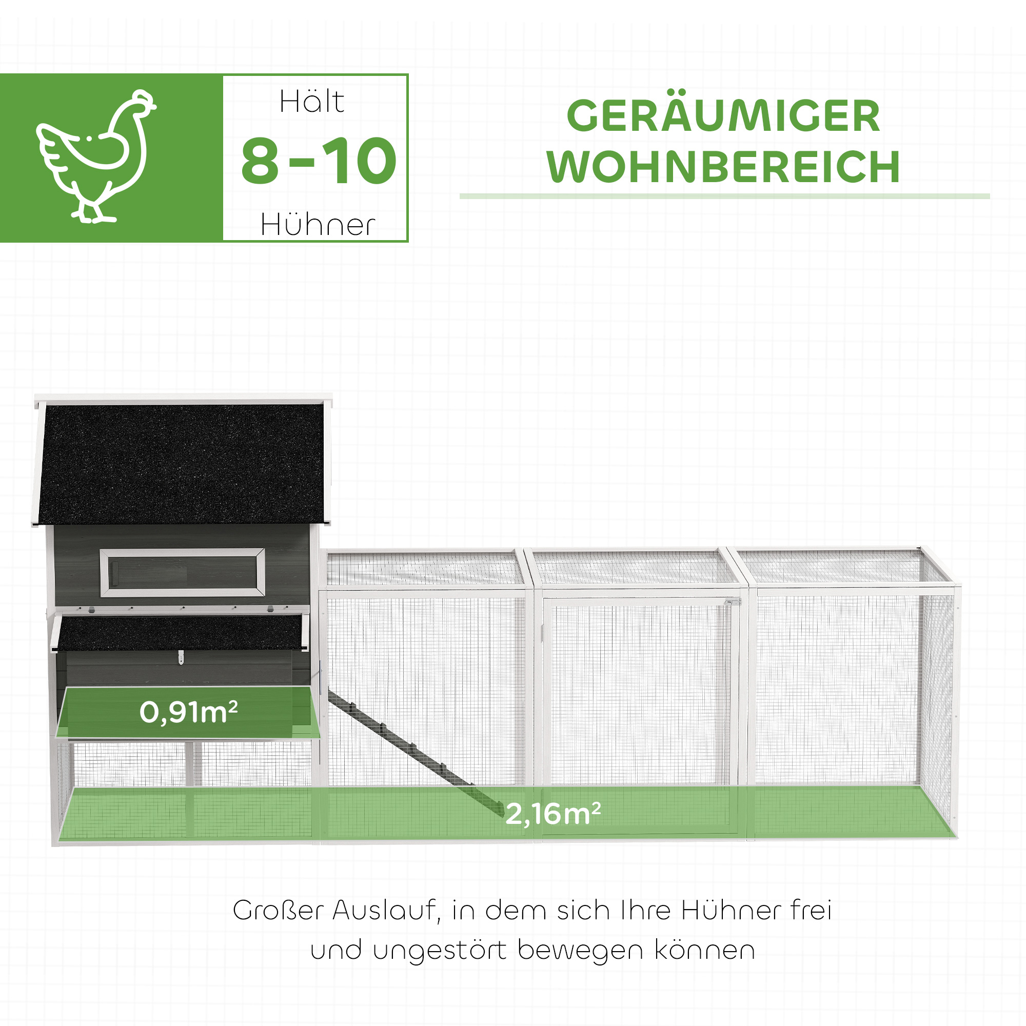 Hühnerstall aus Holz mit Auslauf Nistkasten Asphaltdach herausziehbar Tablett für 8-10 Hühner 347x160x150 cm Dunkelgrau