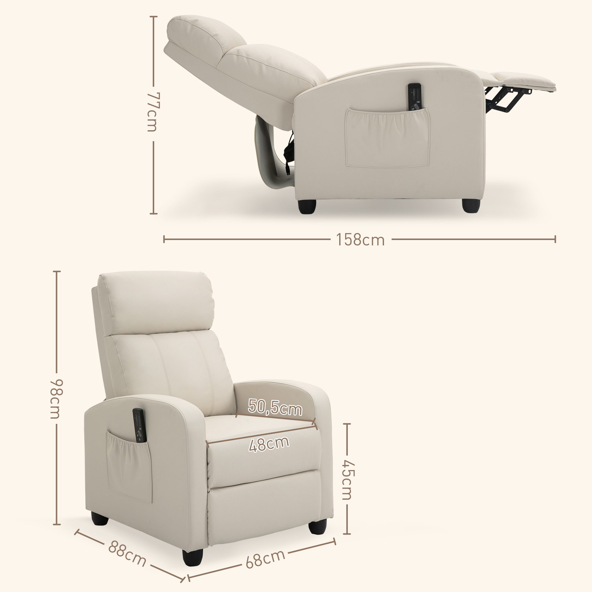 Entspannungs-Massagesessel mit 8 Modi und 5 Intensitäten, Liege mit Fußstütze und Fernbedienung, PU-Kunstleder, Creme