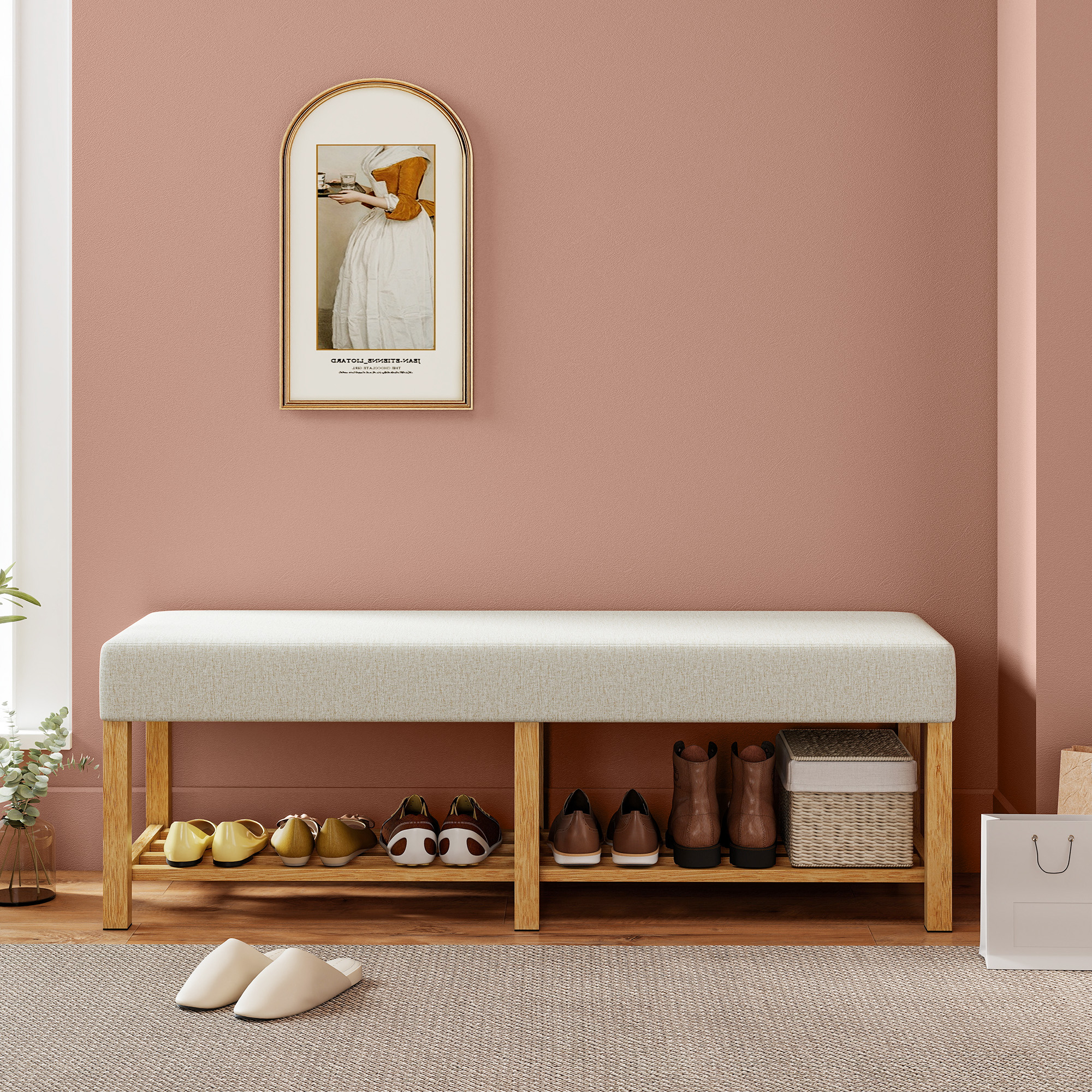 140 cm Schuhbank aus Massivholz, moderne Flurbank mit gepolsterter Sitzfläche für zwei Personen, Naturholz und Cremeweiß