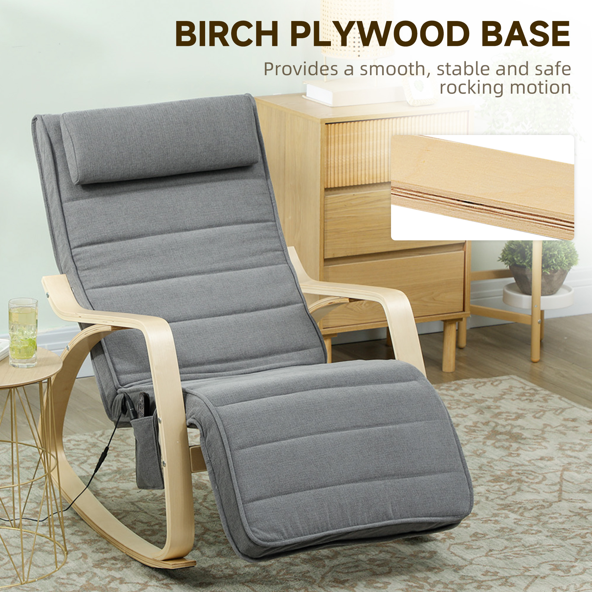 Schaukelstuhl mit Massage-Funktion, Lendenheizung, 3 Modi, Stoffbezug, Grau