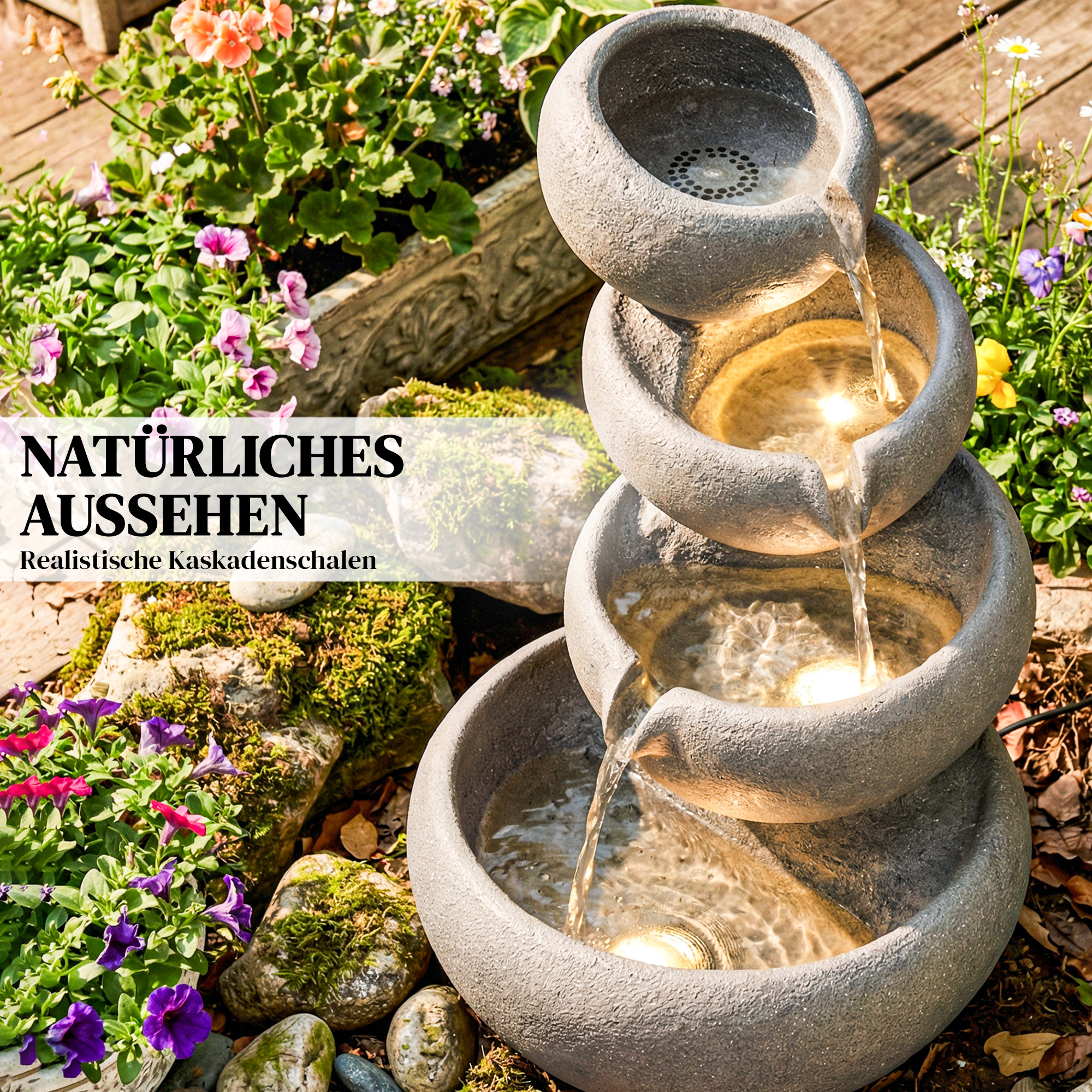 Springbrunnen Outdoor aus Kunstharz 4-stufig Gartenbrunnen mit LED Beleuchtung Pumpe Steinoptik 35 x 32 x 50 cm