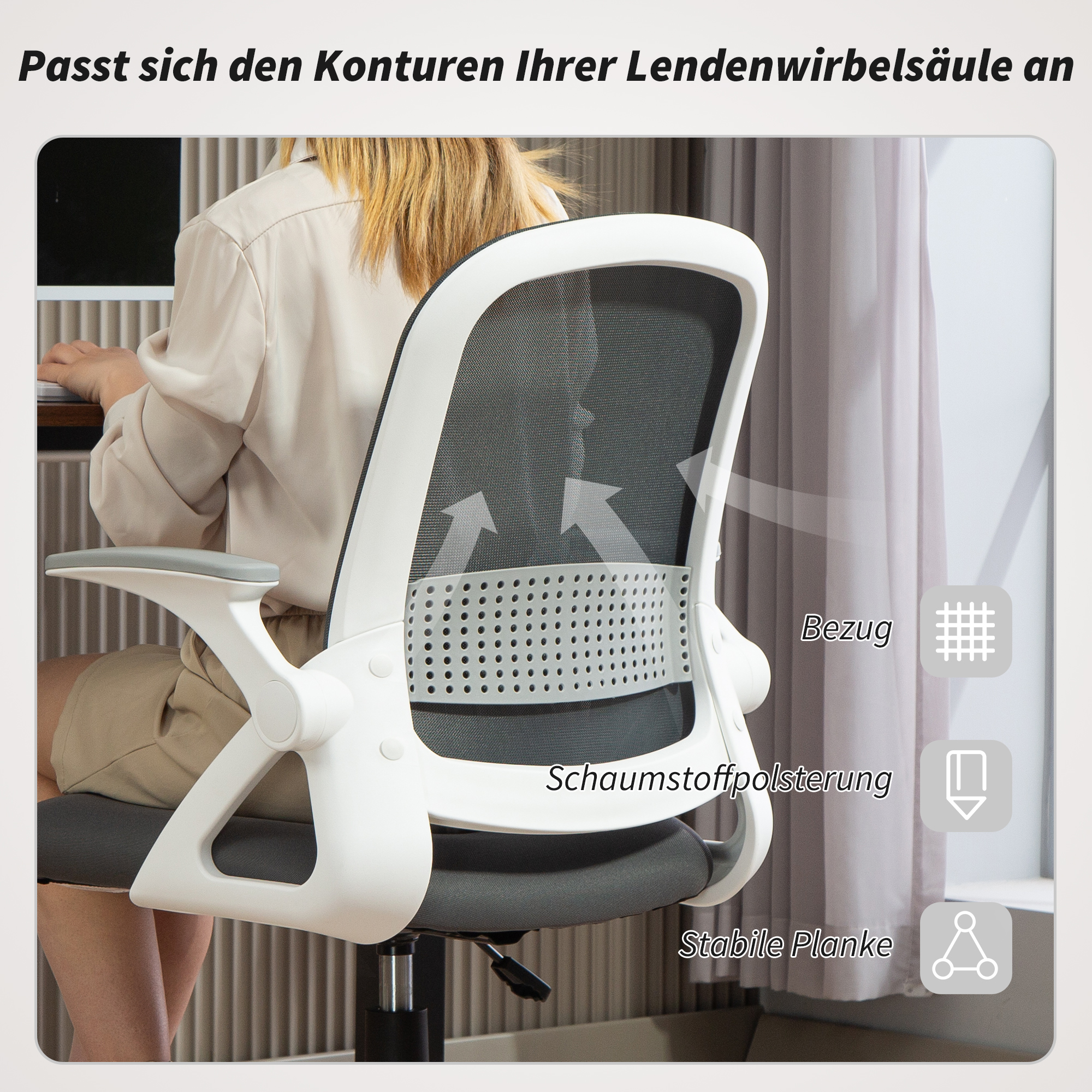 Atmungsaktiver Mesh-Bürostuhl, Ergonomischer Drehstuhl mit klappbaren Armlehnen und Lendenwirbelstütze, Grau