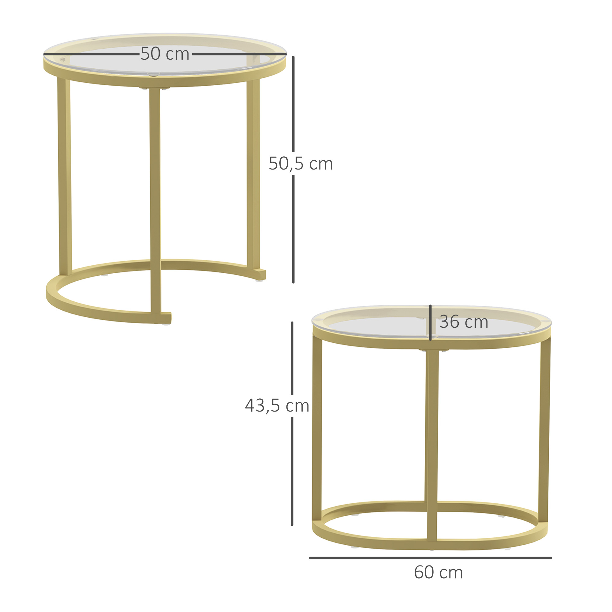 2er-Set Couchtisch, Ovaler und runder Kaffeetisch, stapelbar, Stahl, Ø50 x 50,5H cm, Gold