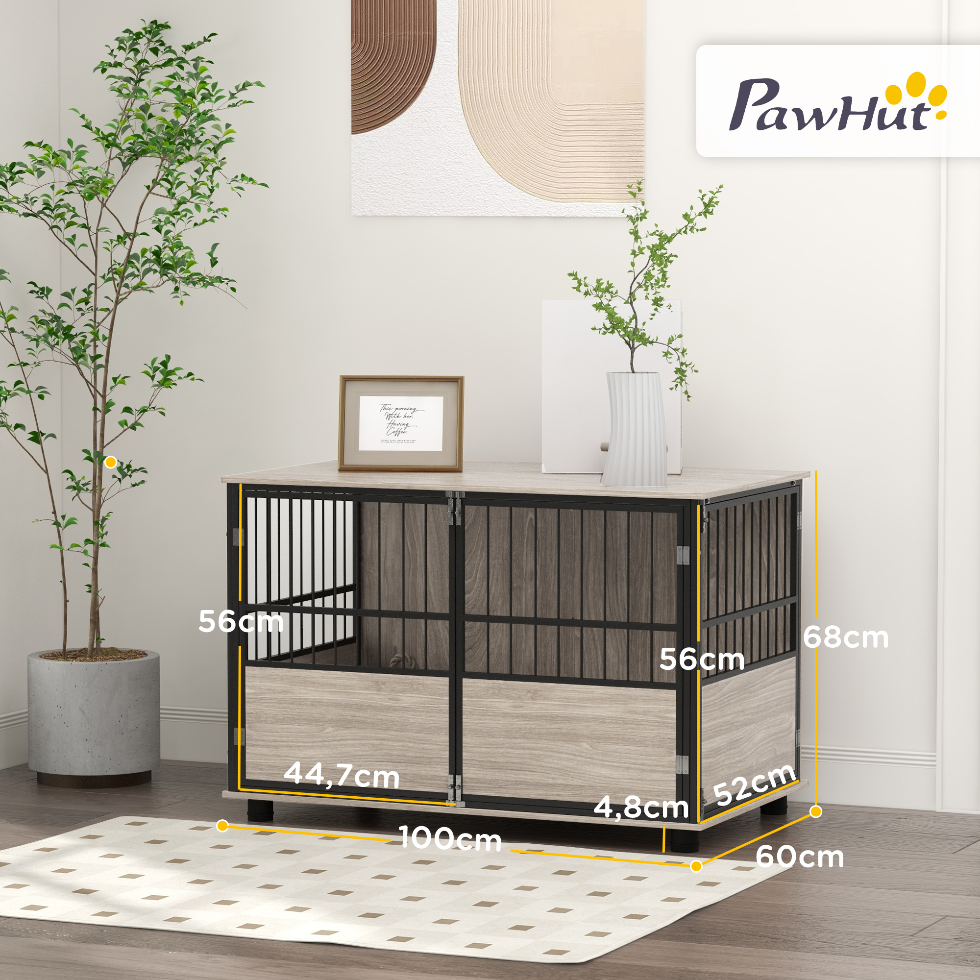 Hundebox, robust & stilvoll, 100x60x68cm, Walnussholz-Finish & Schwarz