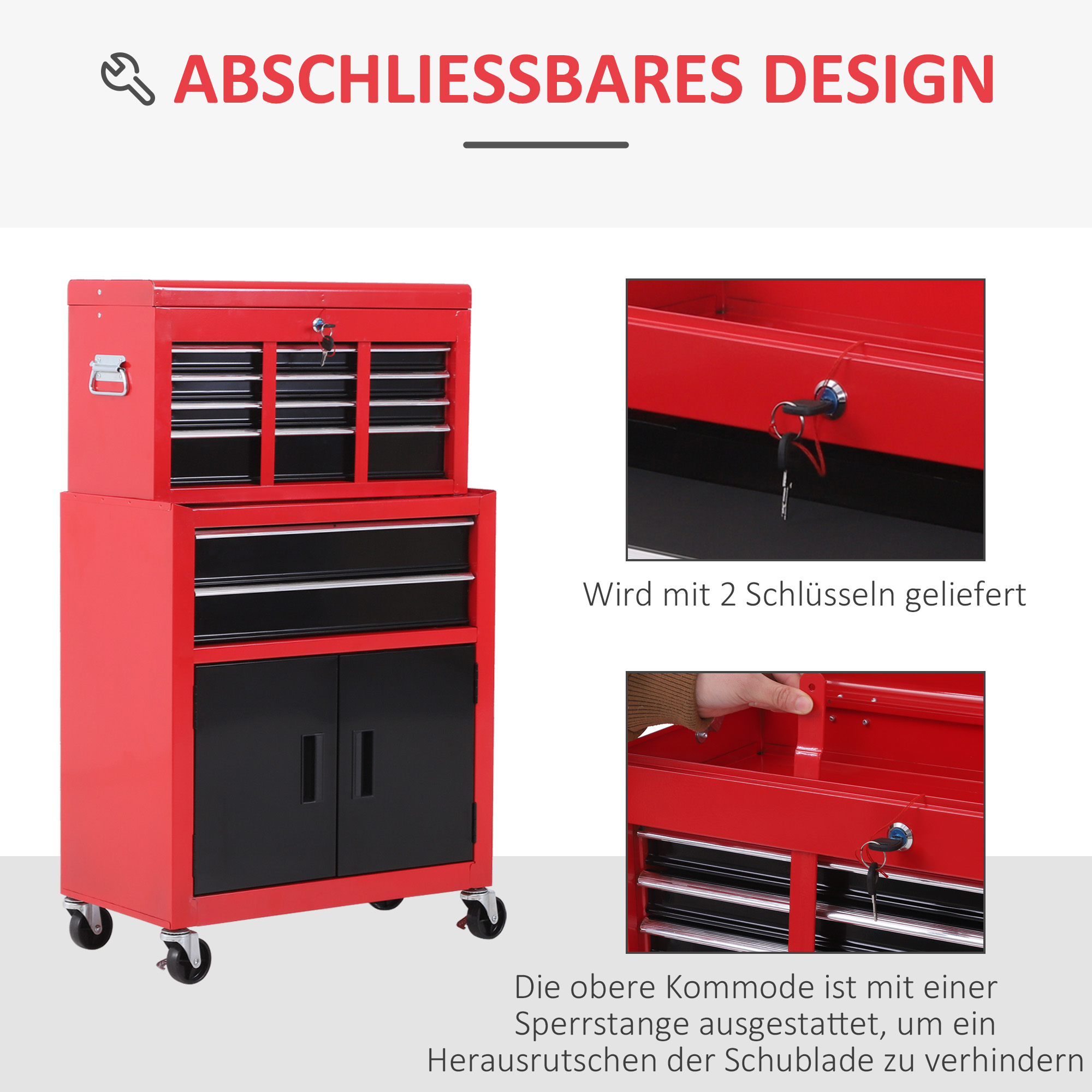 Werkzeugschrank mit Werkzeugkiste, rollbar, 6 Schubladen, Metall, Rot