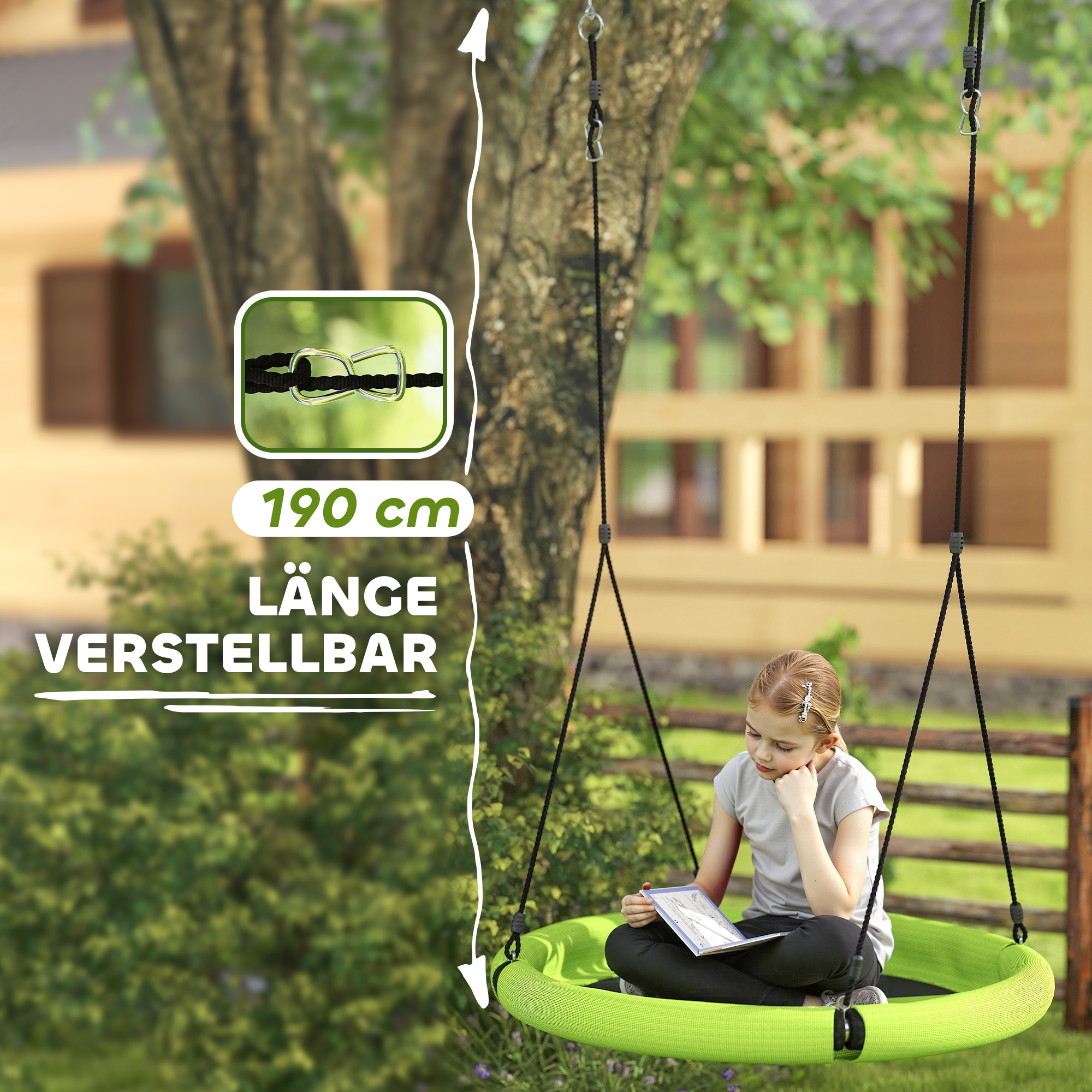 Nestschaukel, Runde Gartenschaukel, 150 kg belastbar, höhenverstellbar, Grün