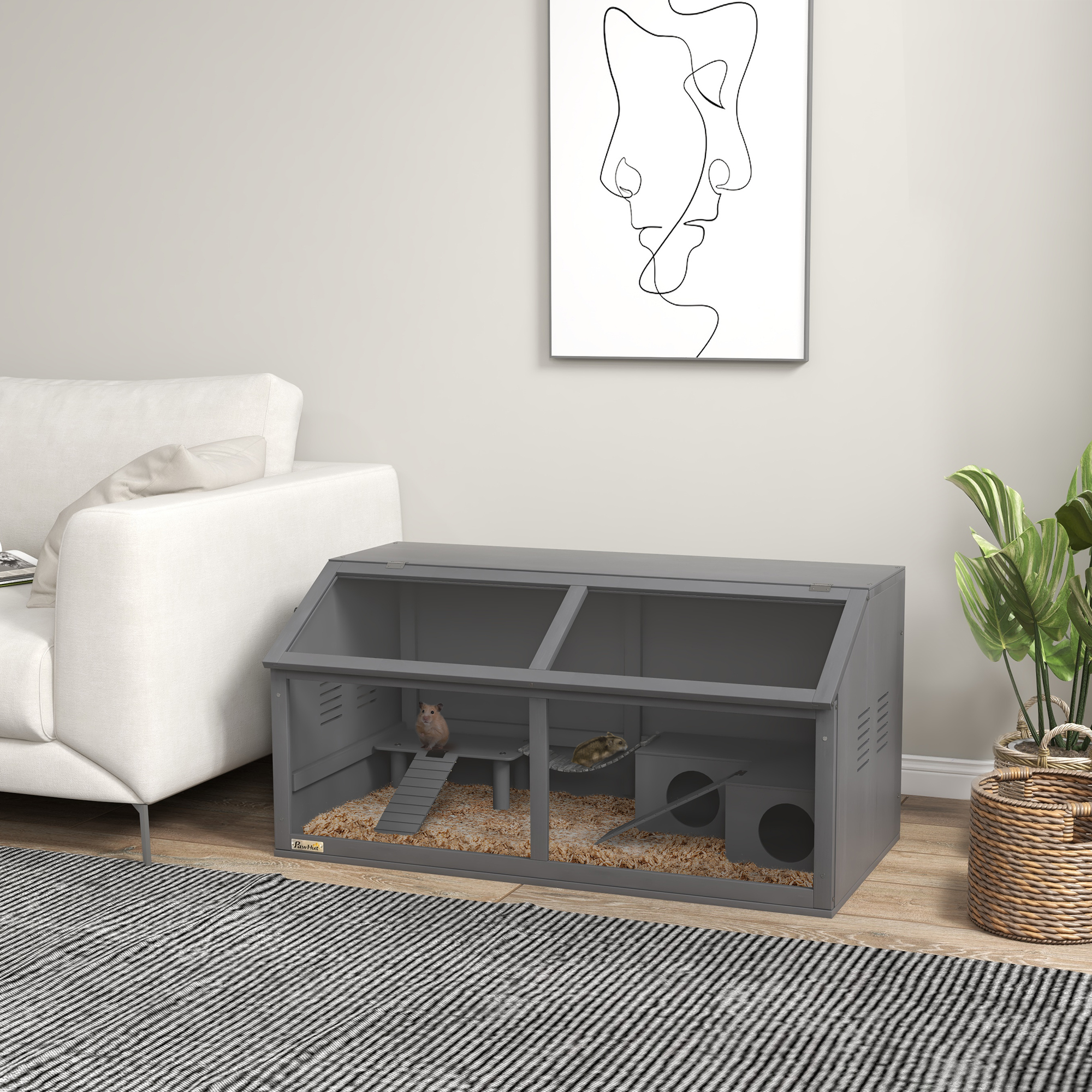Kleintierkäfig Nagerkäfig, mit Zubehör, Tannenholz,100 cm x 52 cm x 50 cm, Grau