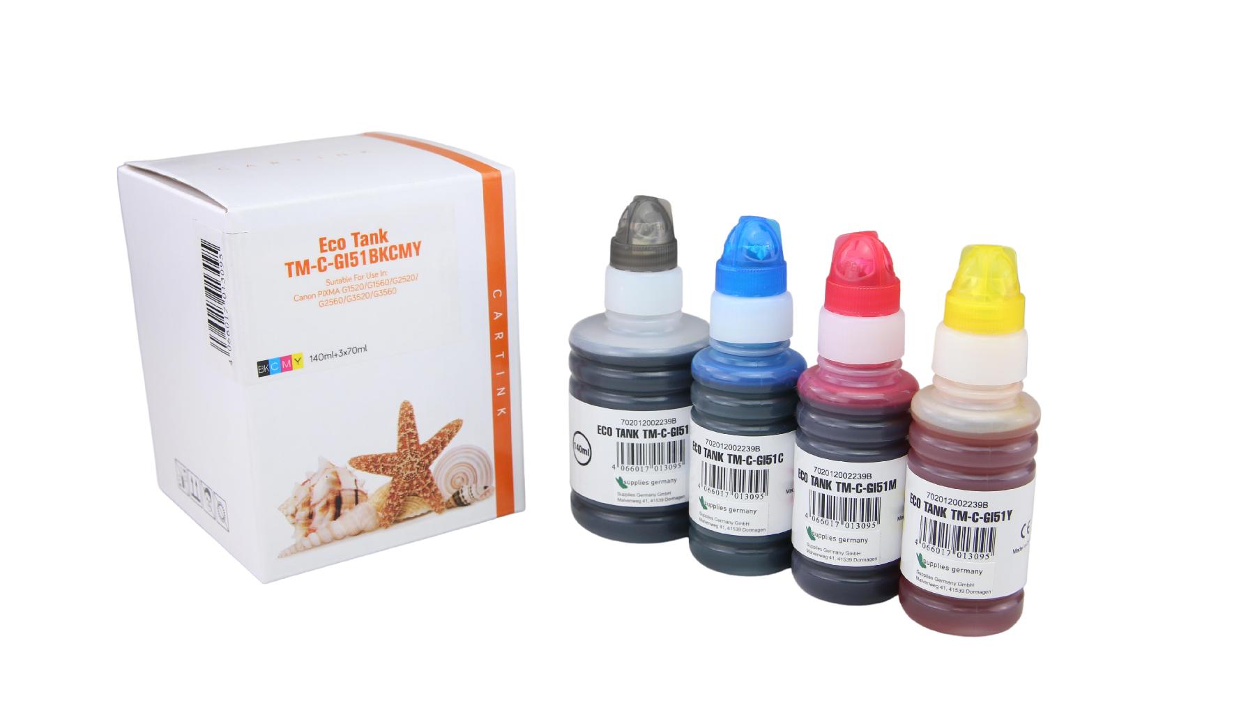 Multipack GI51 alternativ Eco Tank Nachfüllflasche für Canon / 4529/454648C001 / BK140ml / CMY70ml