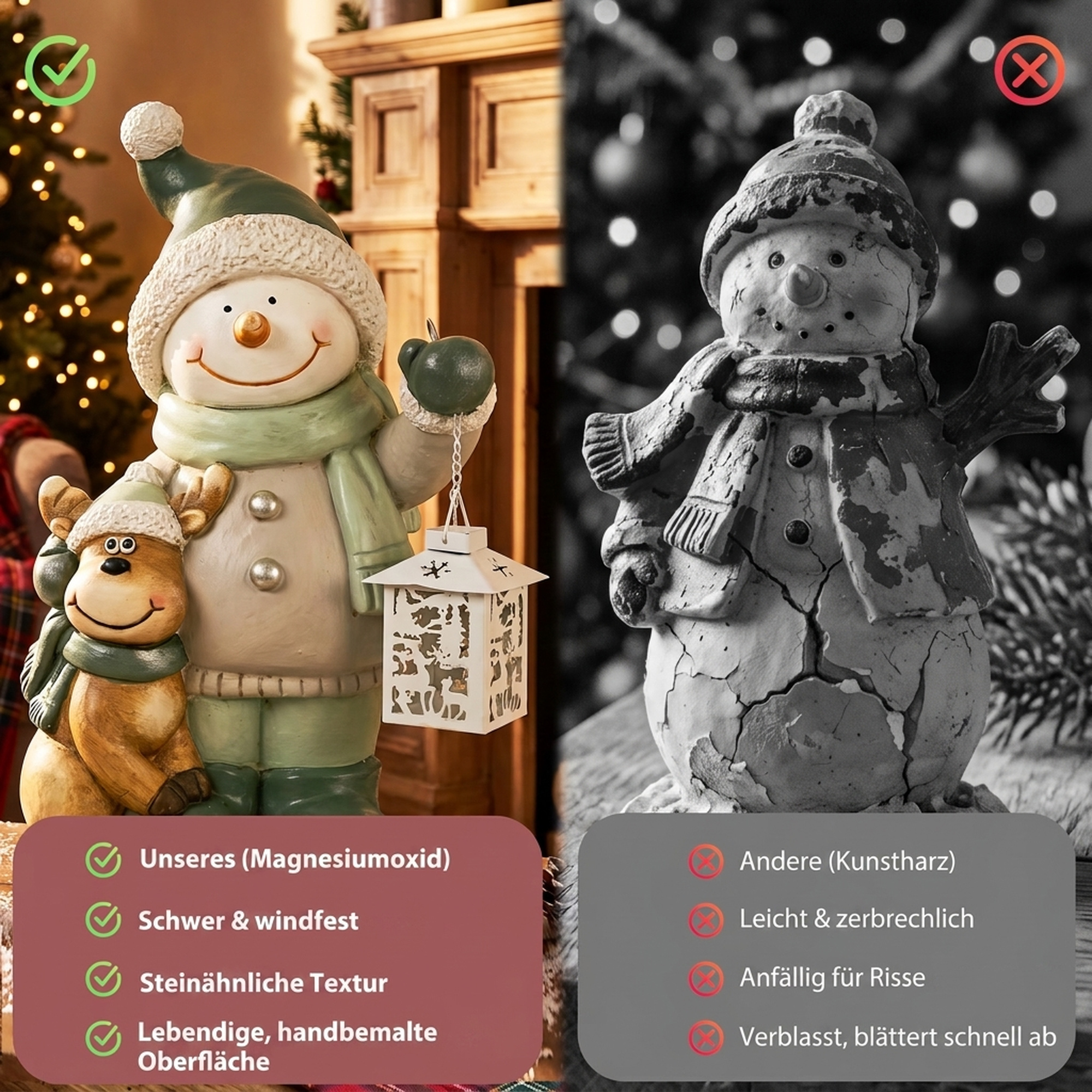 Schneemann-Figur 43 cm aus MGO mit LED-Laterne und Timer, für Eingangsbereich & Türbereich