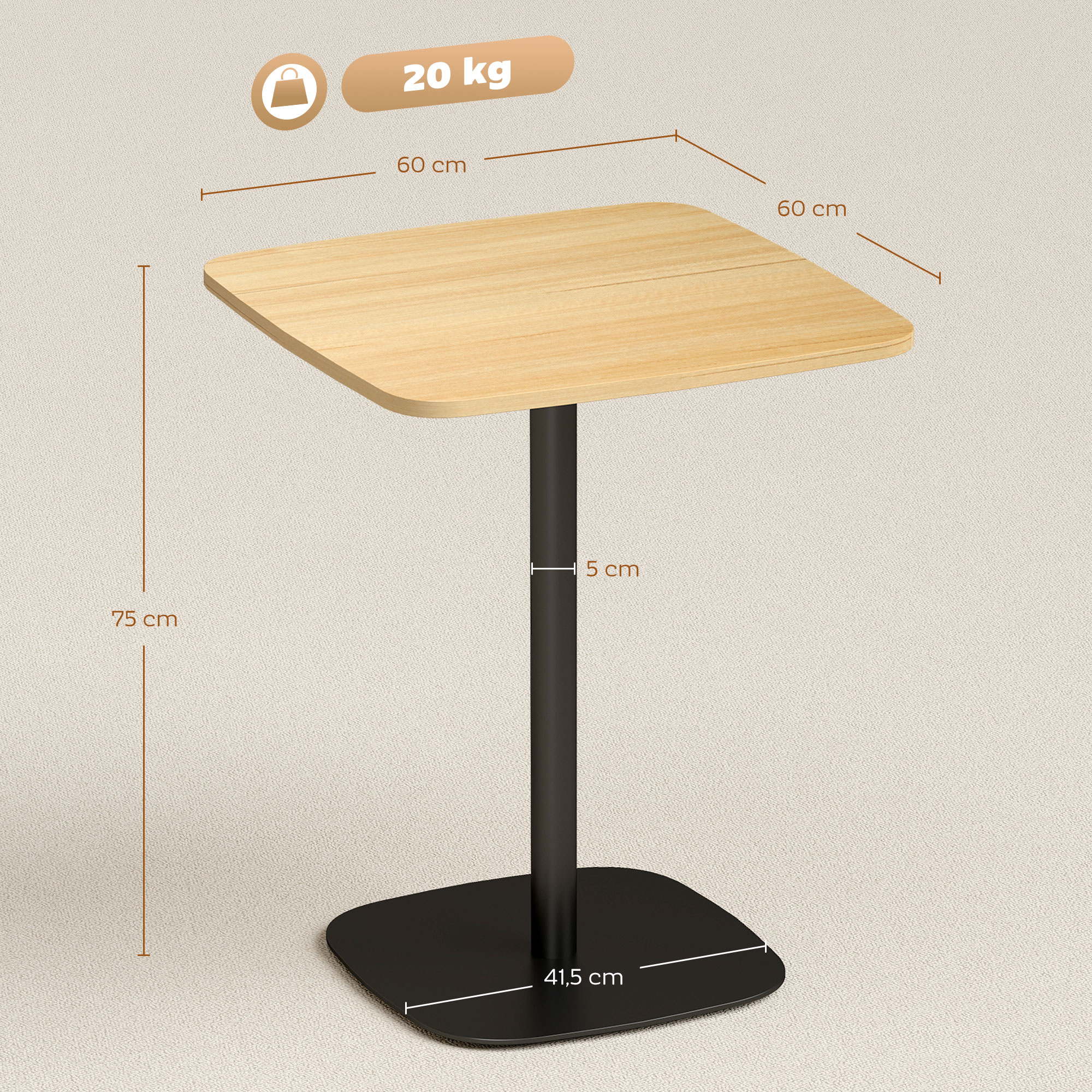 Kleiner Esstisch, 60 cm, quadratisch, MDF-Tischplatte, Stahlsockel, für Wohnzimmer, Esszimmer, Küche, Naturholz+Schwarz