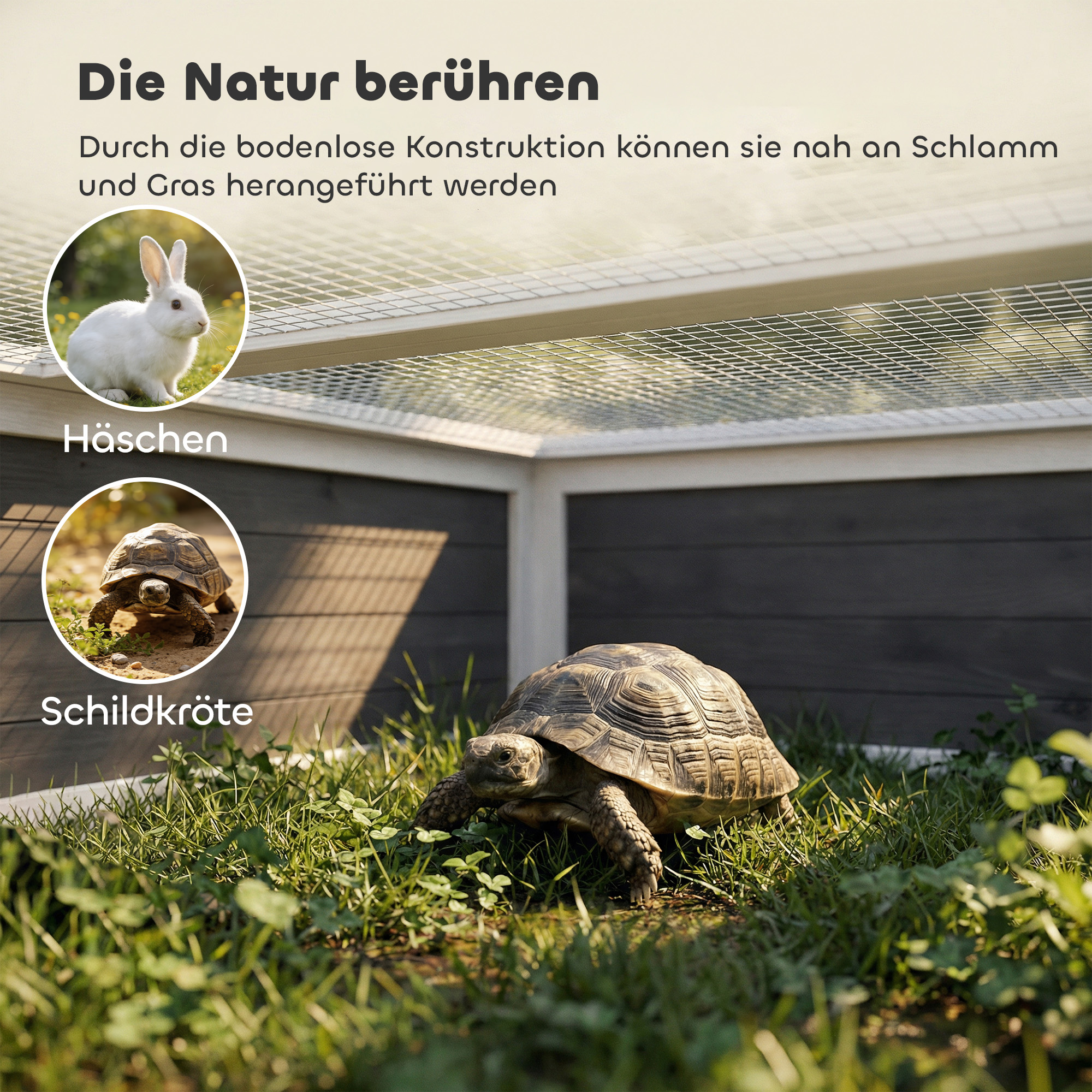 Schildkrötenhaus aus Holz mit Freilauf Haupthaus Sichtfenster aufklappbarer Oberseite 2 Türen 113x106,5x44,5 cm Dunkelgrau