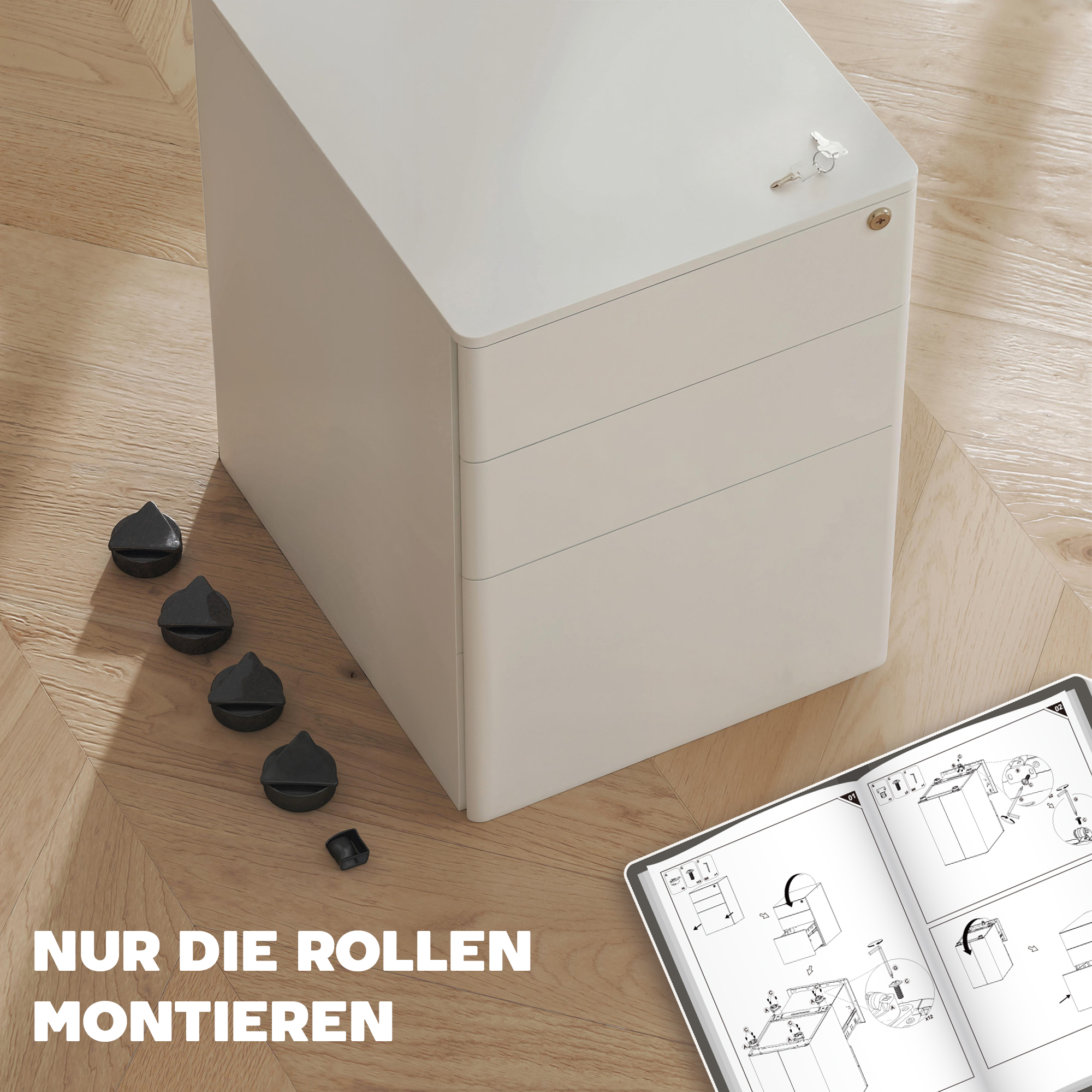 Rollcontainer mit 3 Schubladen mobiler Aktenschrank mit Rollen abschließbar Büroschrank mit Hängeregistratur Stiftfach, Bürocontainer für Büro, Homeoffice, 39 x 48 x 59 cm Weiß