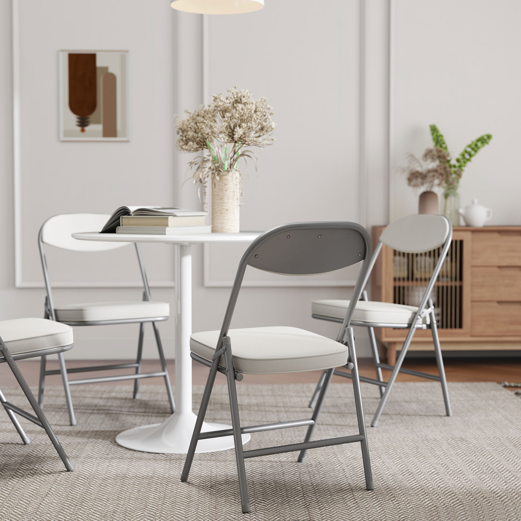 4er-Set gepolsterte Klappstühle, Faltbare Stühle mit Cordbezug, Rückenlehne, Metallrahmen, Cremeweiß