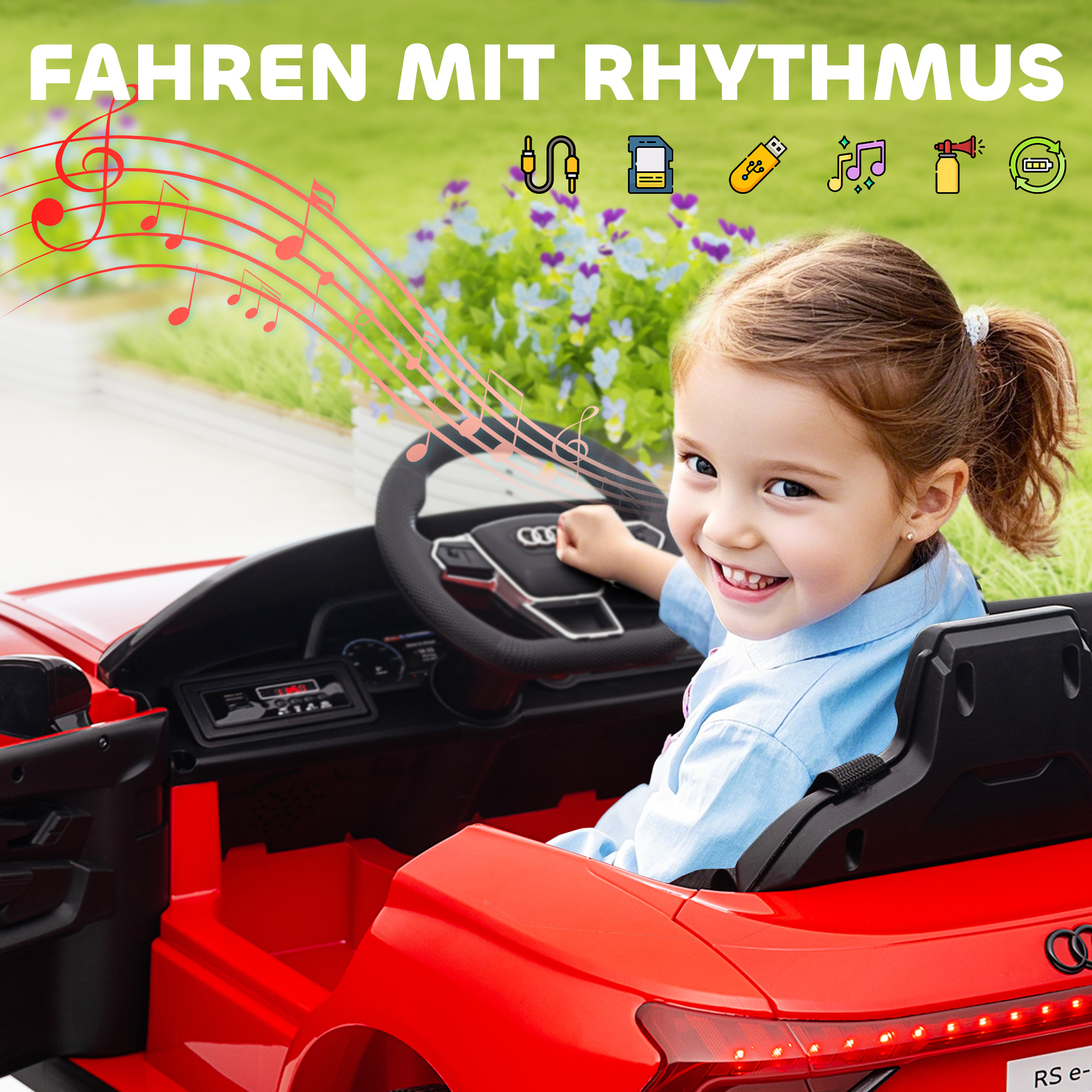 Kinderauto, Elektroauto, Audi-lizenziert, mit Sicherheitsgurt, Fernbedienung, Licht, rot+schwarz, 103 x 58 x 41cm