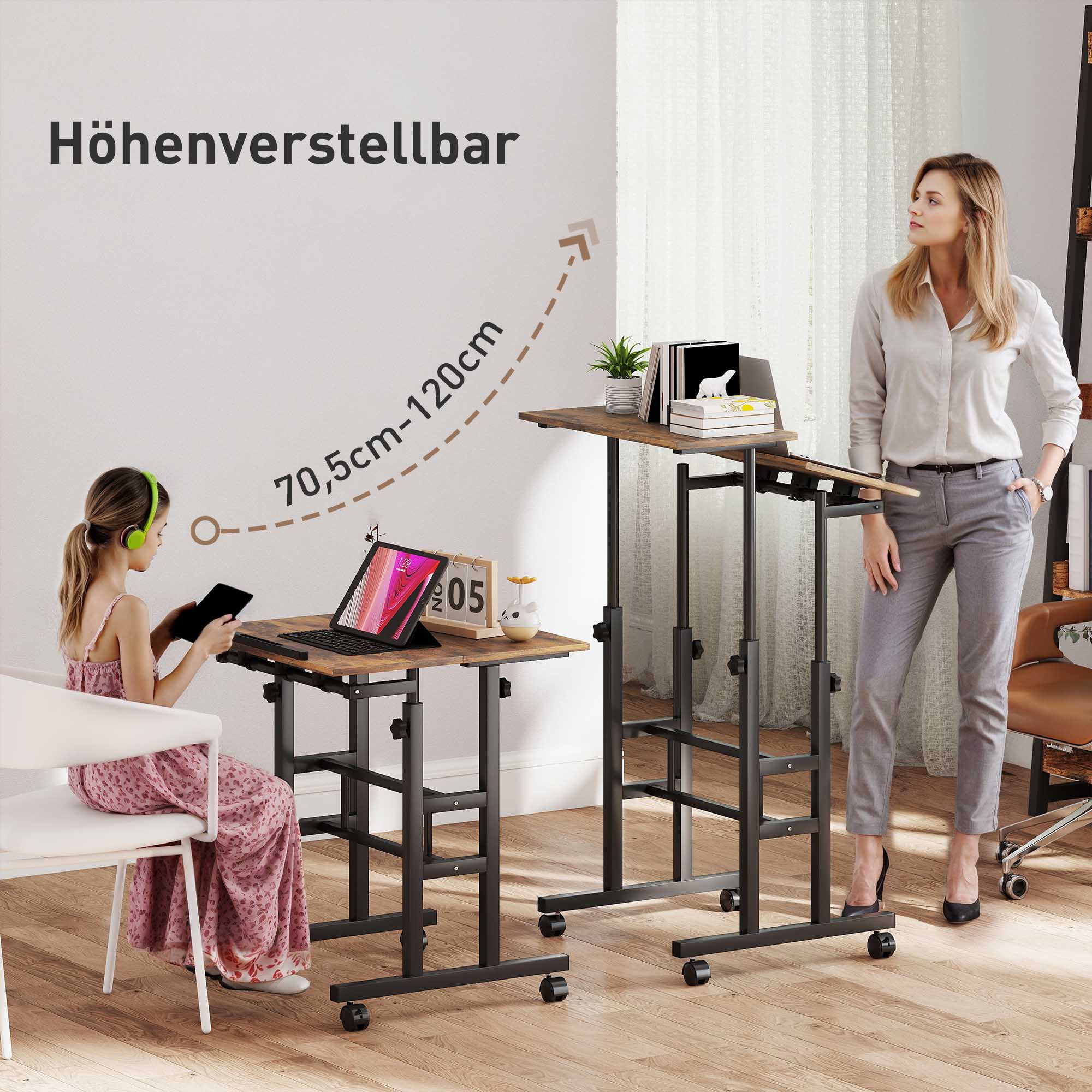 Schreibtisch höhenverstellbar Küchentisch mit Regal, Rollen, Computertisch Rustikal Braun 60 x 60 x 70,5-120 cm