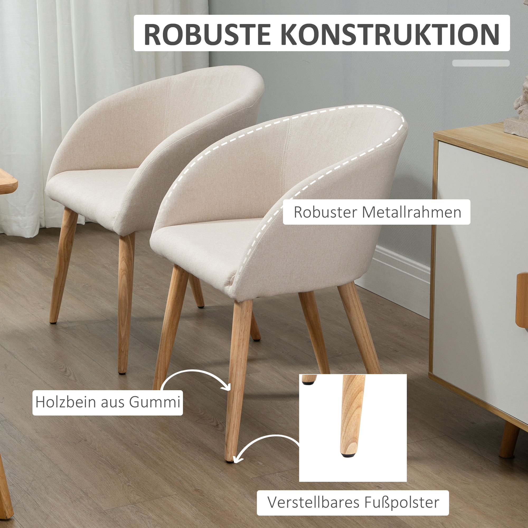 2er-Set gepolsterte Stühle, skandinavisches Design, Polsterstühle mit Holzbeinen, rutschfeste Pads, 150 kg Belastbarkeit, Beige