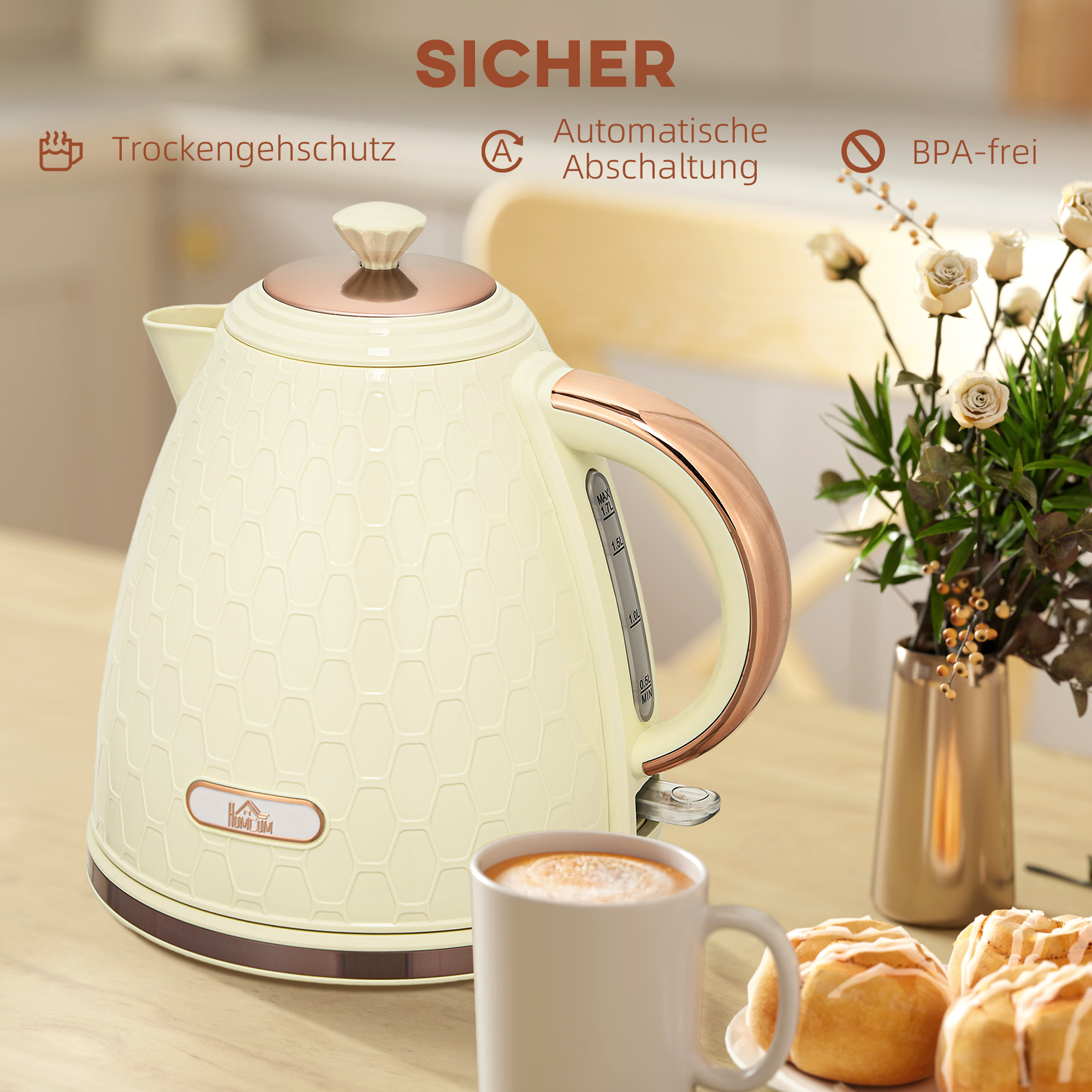 Wasserkocher, 2200W, Sichtfenster, Filter, Schnellkocher, Beige