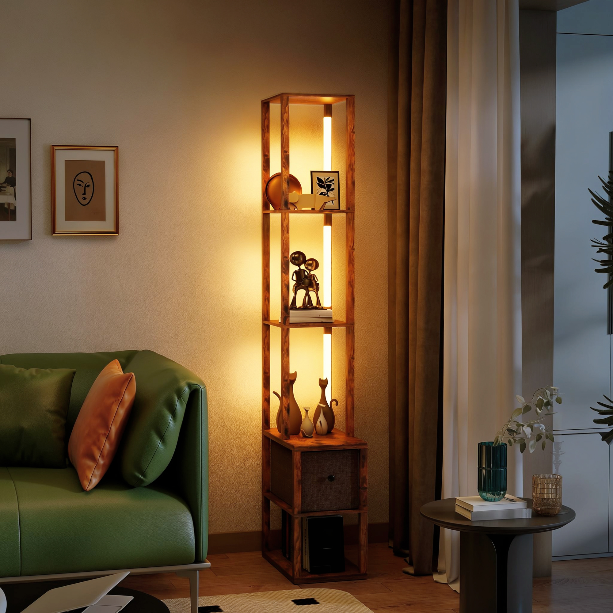 LED-Stehlampe mit Regalen, einstellbare Helligkeit, Fußschalter für Schlafzimmer, Rustikales Braun