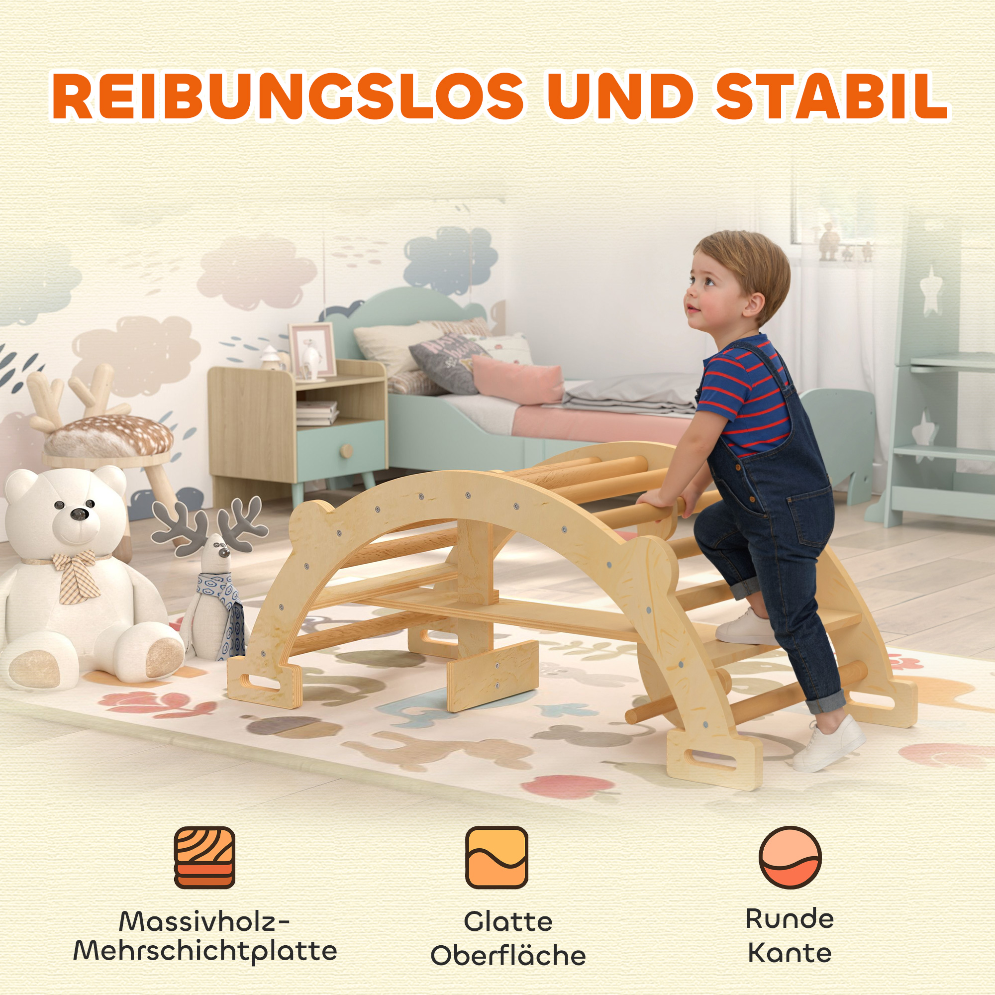 Montessori Klettergerüst Indoor, 2 in 1 Kletterbogen aus Holz, für Kinder 2-4 Jahre, 110x52x45 cm, Naturholz