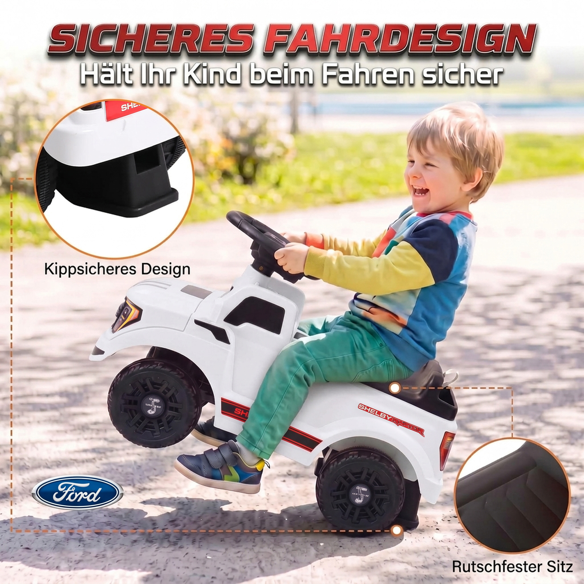 Rutschauto für Kleinkinder, Shelby Kinderauto mit hinterem Korb, aufklappbarer Motorhaube, für 18–72 Monate, Weiß