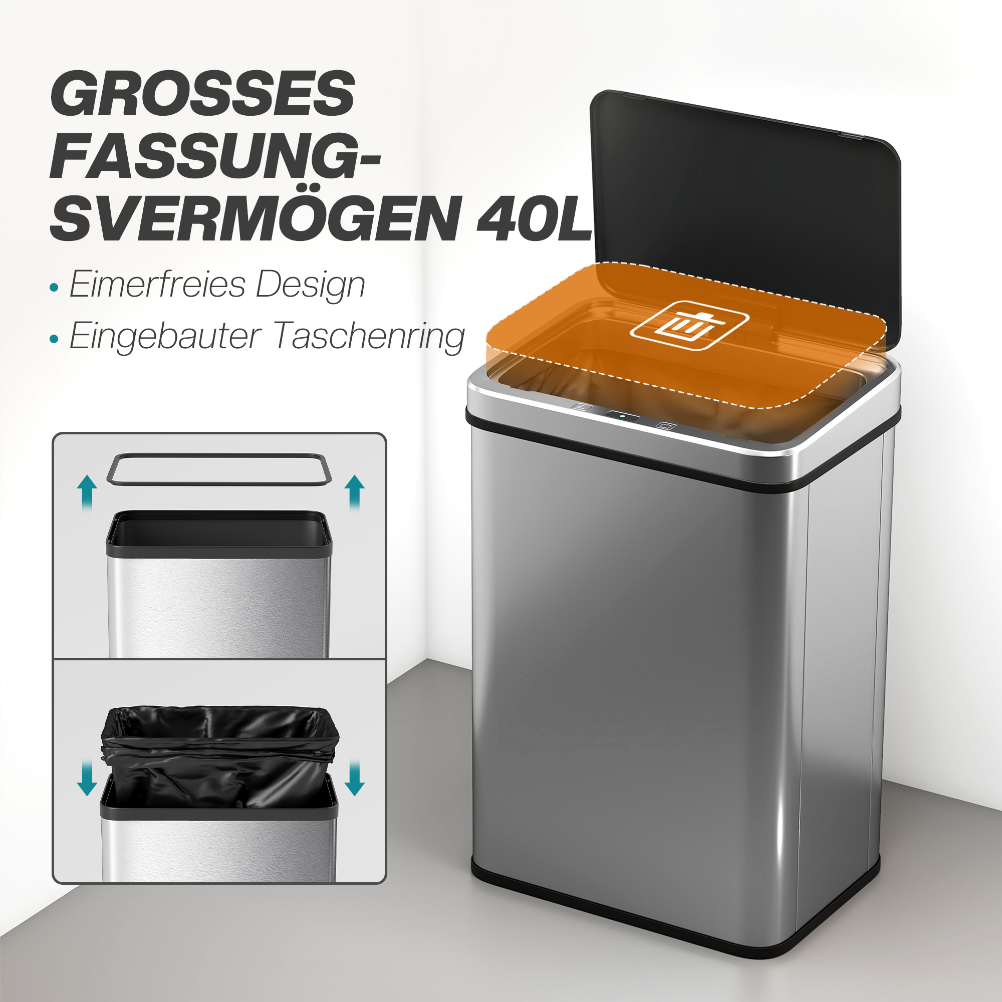 Sensor Mülleimer 40L Edelstahl Automatischer Mülleimer mit Soft-Close-Deckel Bewegungssensor 35,5 x 26 x 55 cm Silber