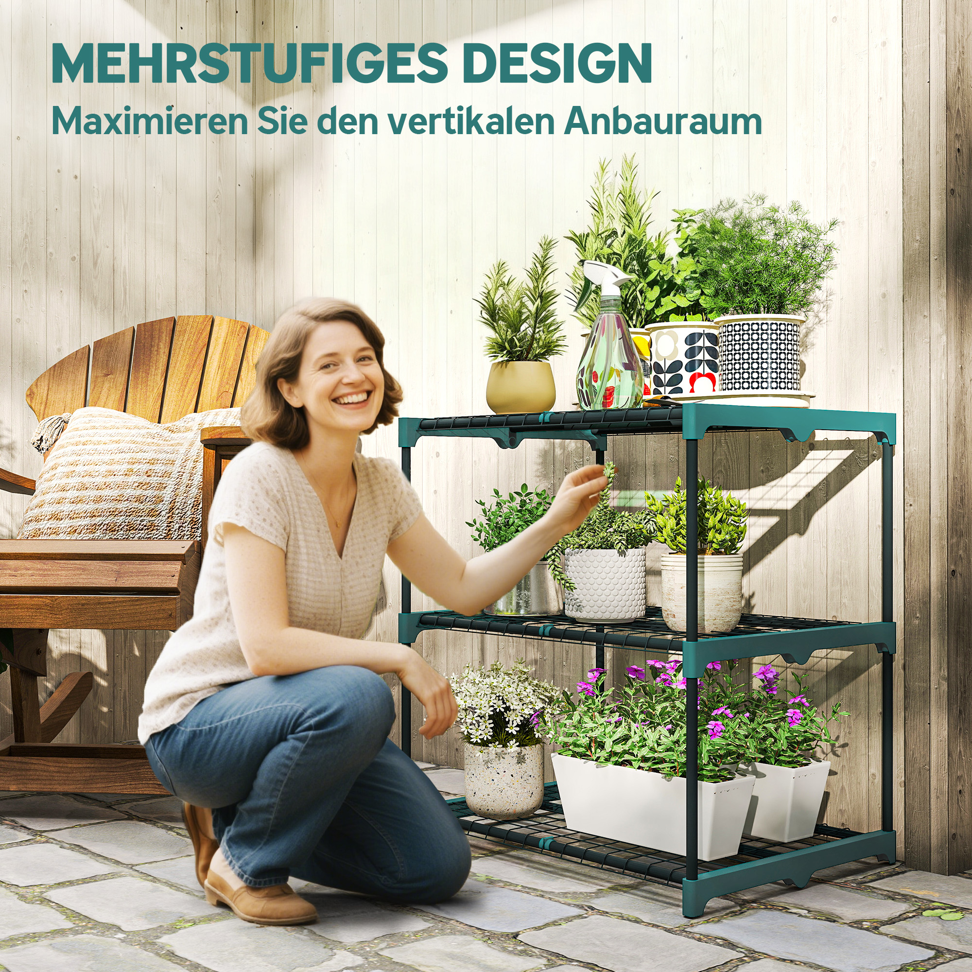 3-Etagen Pflanzenständer, 72 cm hoch Blumenständer für Innen Außen, Pflanzenregal aus Stahl Dunkelgrün