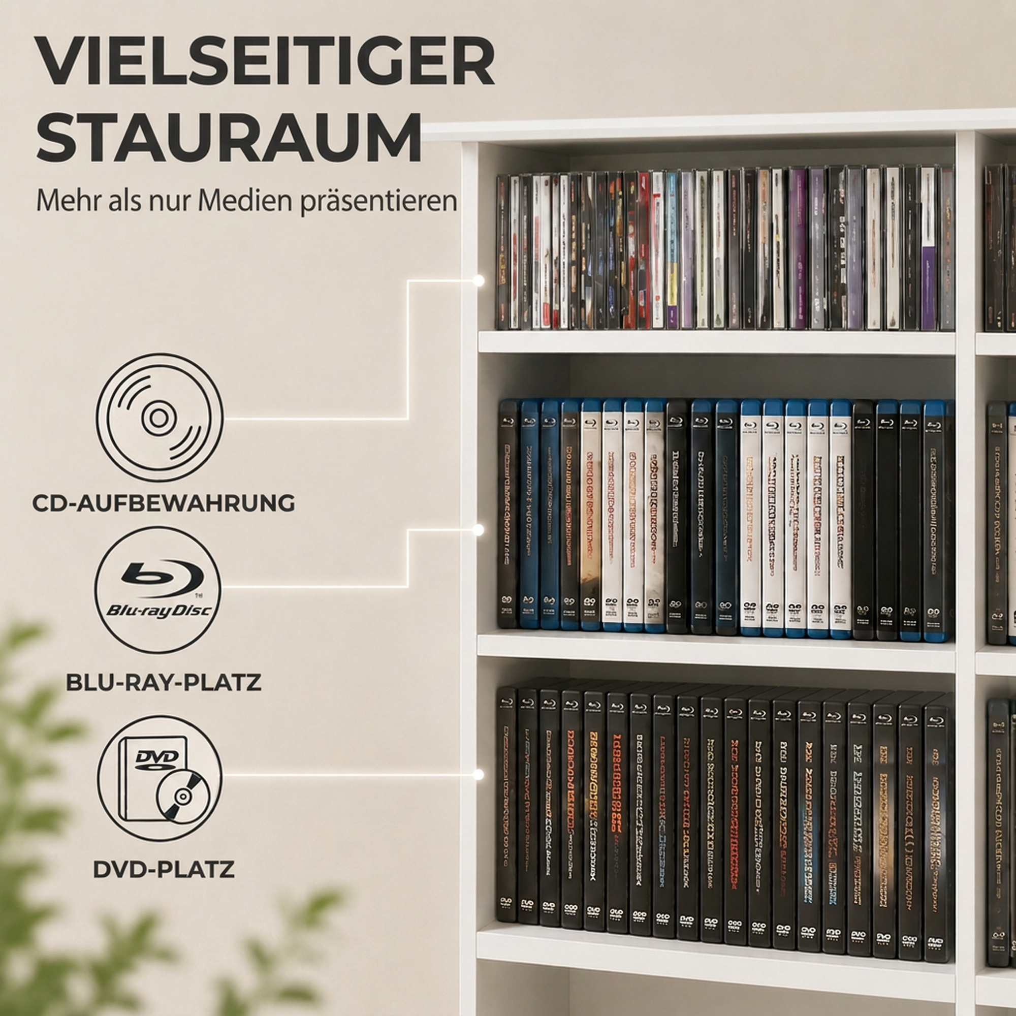 Medienregal, 8 Ebenen, DVD-Regal mit 12 verstellbaren Böden, 16 Fächer, für 720 CDs, Weiß