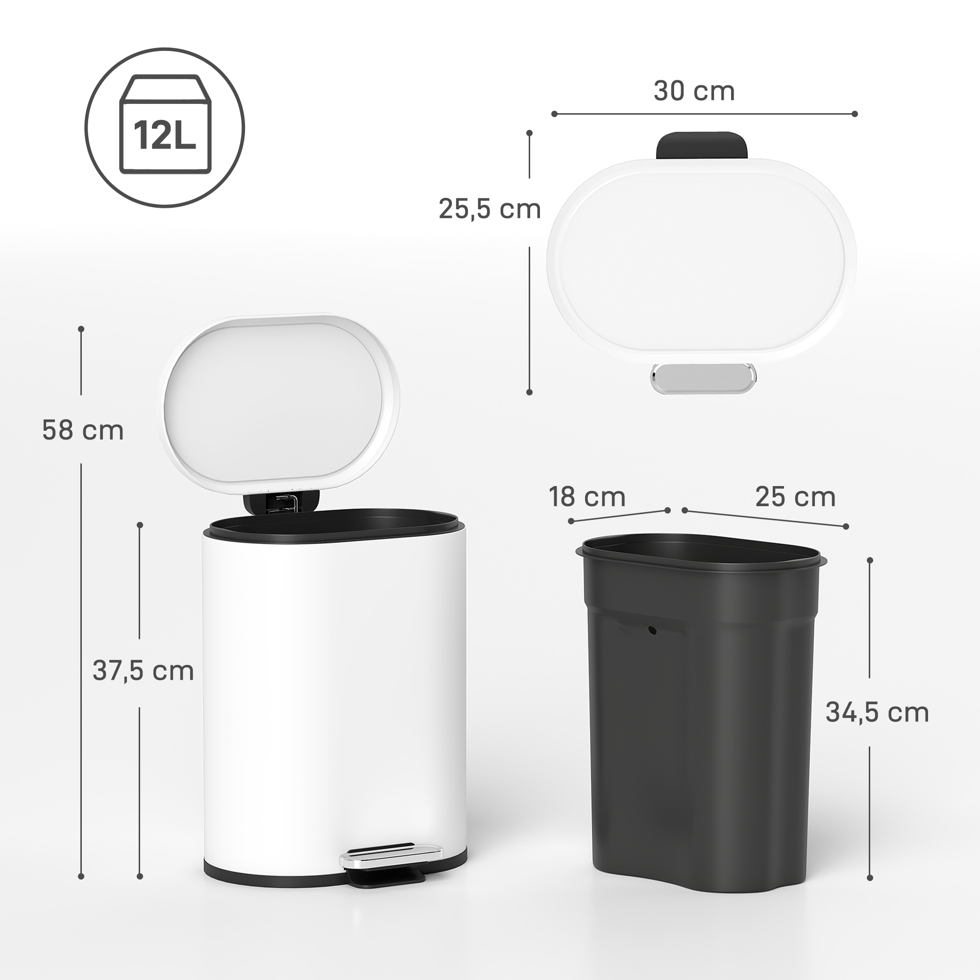 Mülleimer 12L Treteimer Abfalleimer mit Deckel, Fußpedal, Inneneimer, Soft-Close-Funktion, 30 x 25,5 x 37,5 cm, Weiß
