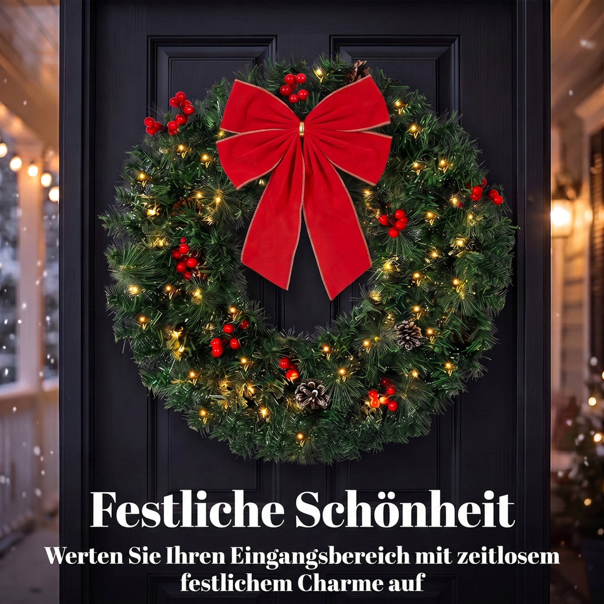 Weihnachtskranz 60 cm Türkranz mit Crestwood-Fichten Design, Schleife, 50 LEDs, 140 Zweigspitzen, 8 Leuchtmodi