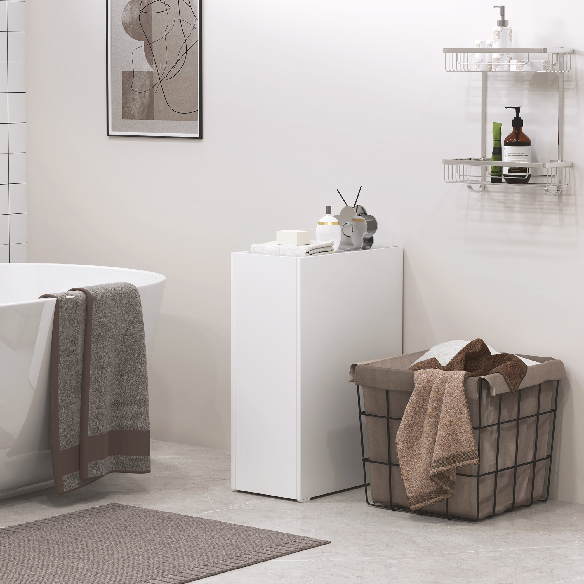 Schmaler Badezimmerschrank, Bodenschrank mit tiefer Schublade, Freistehender Badschrank, Spanplatte, Weiß