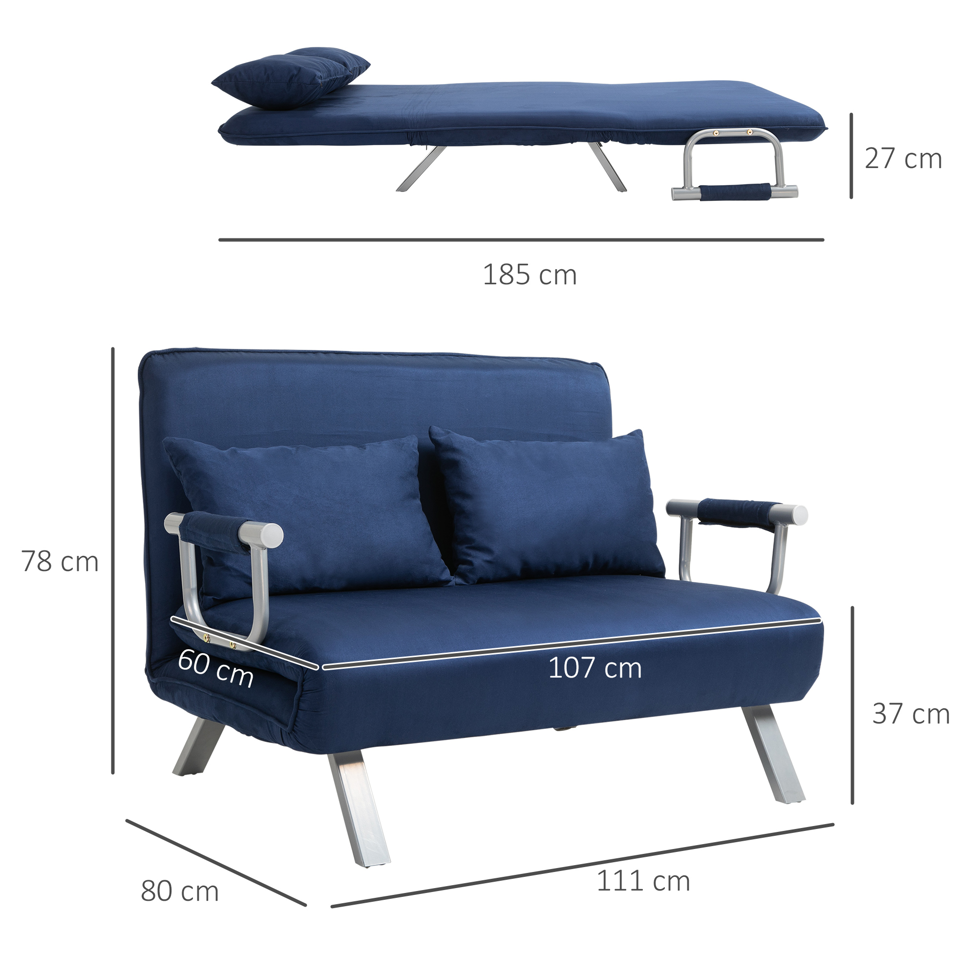 Schlafsofa, 5-fach verstellbar, Wildlederimitat, Metallrahmen, inkl. Kissen, Marineblau