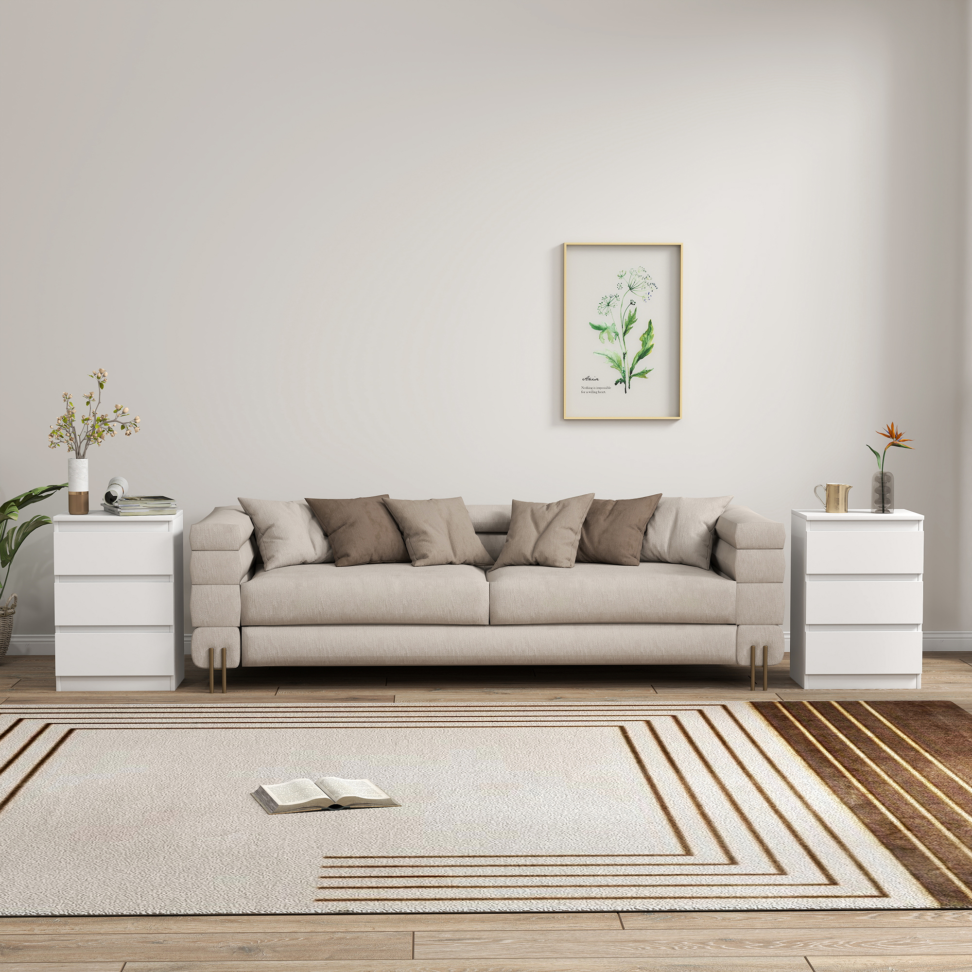 Nachttische im 2er-Set, 3 Schubladen, griffloses Design, Holzoptik, Weiß