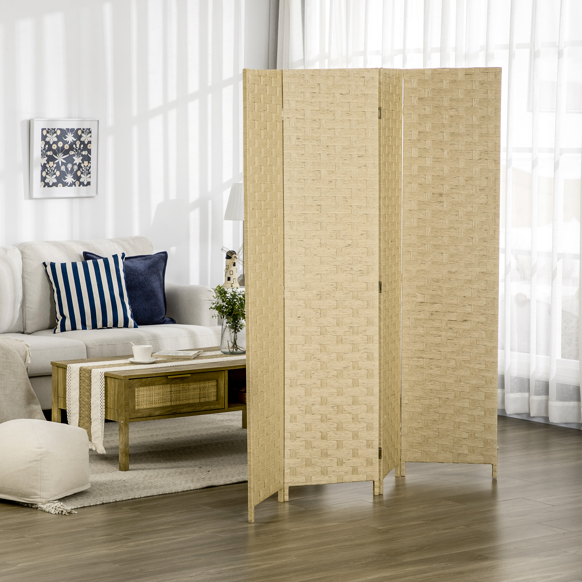 Paravent 4-teilig 159,5x169,5cm Raumteiler aus Wellenfaser für Wohnzimmer Braun