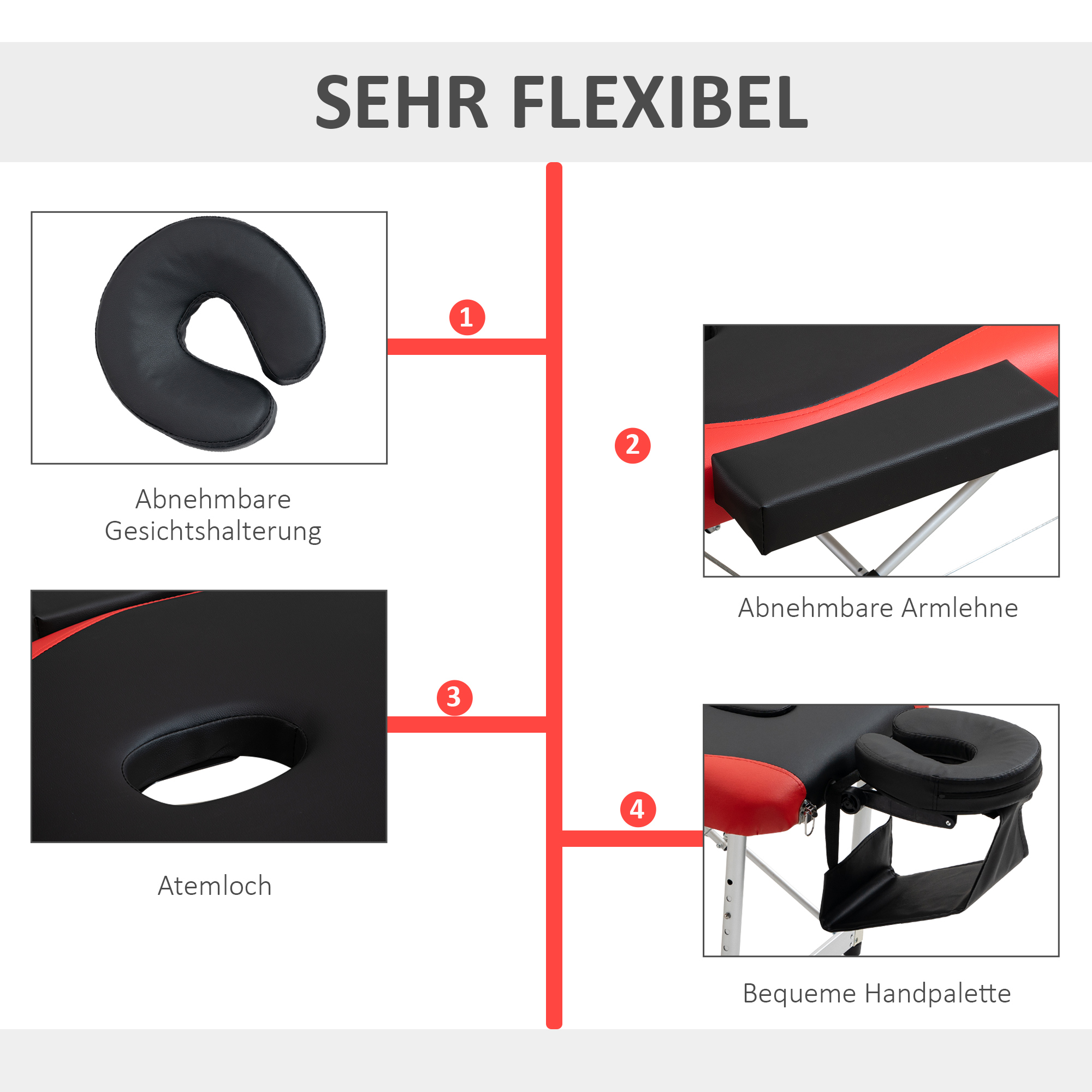mobile Massageliege 3 Zonen klappbar Massagetisch mit Kopfstütze Armlehne Tragetasche höhenverstellbare Aluminium Massagebett tragbar inkl. Zubehör Massagebank bis 225 kg Belast Rot