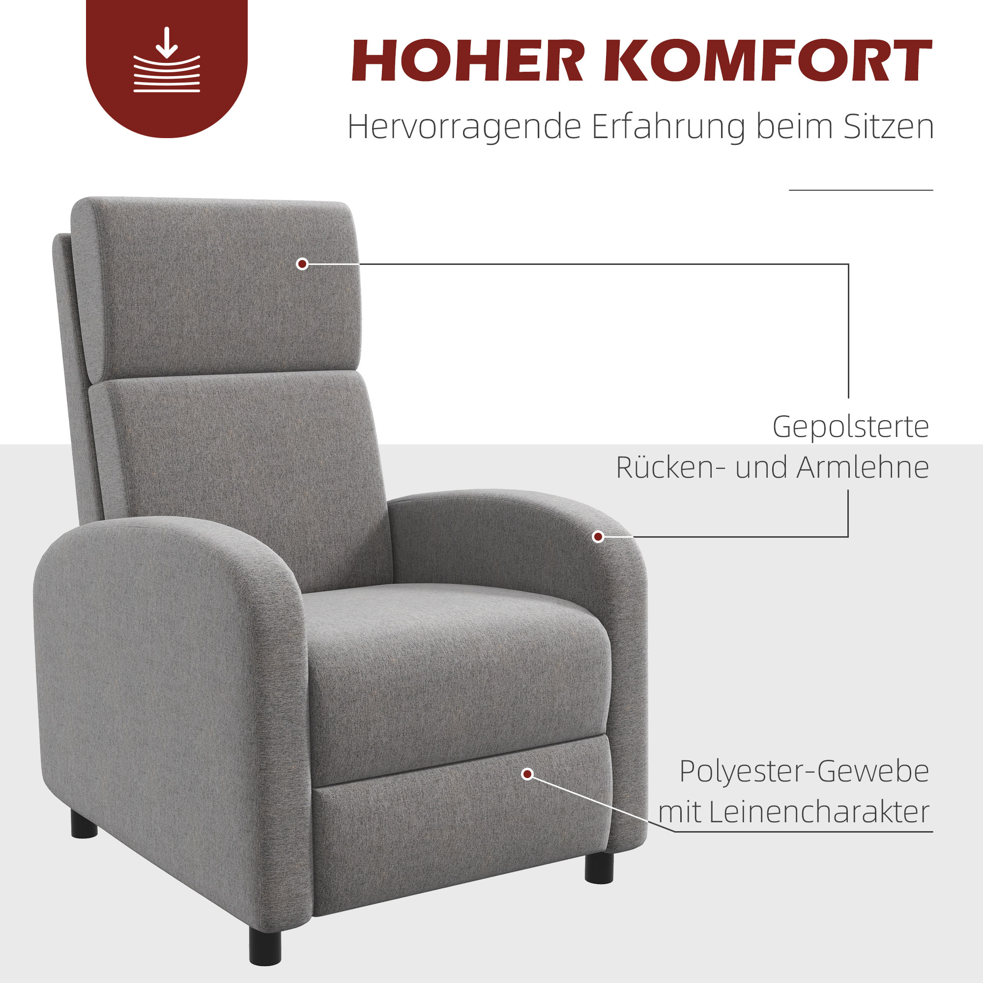 Relaxsessel Fernsehsessel, ausklappbare Fußstütze, neigbar bis zu 160°, 64 x 86 x 102 cm, Grau