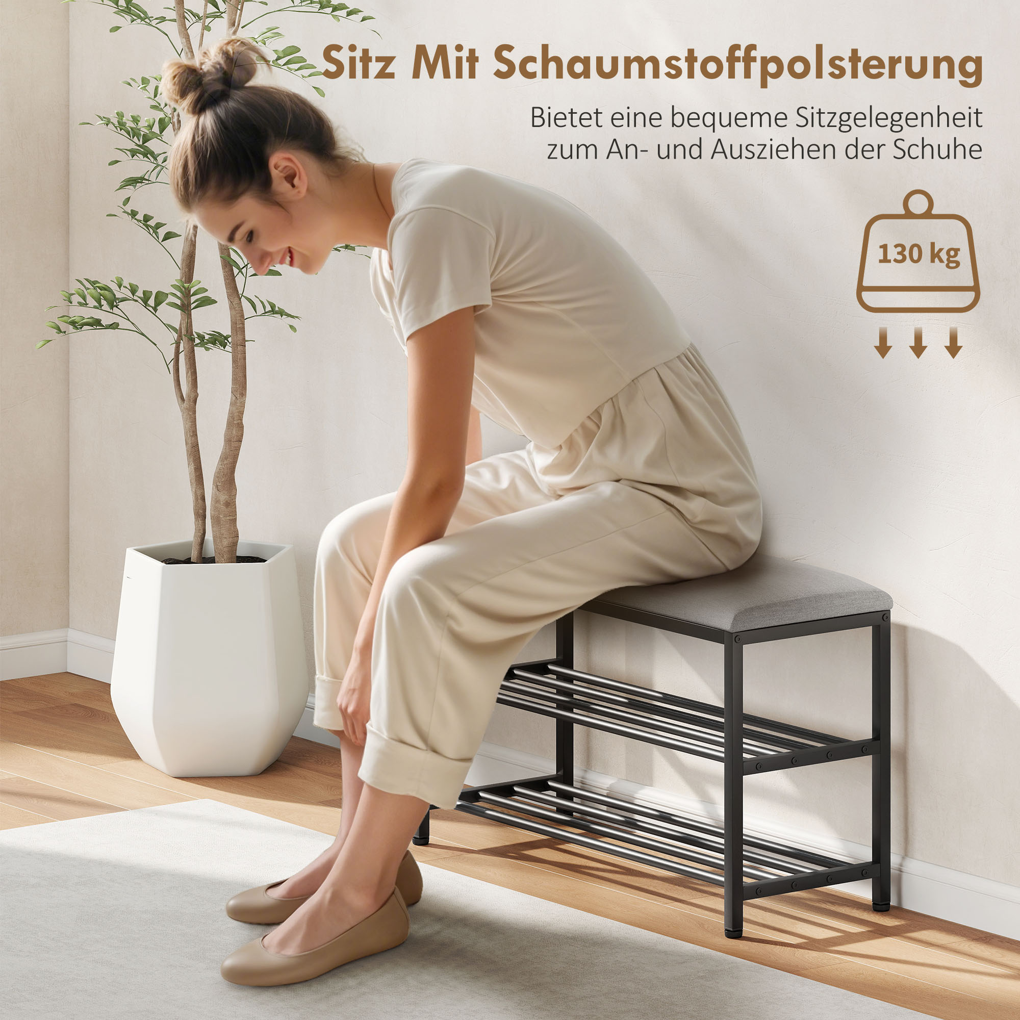Schuhbank mit Sitzfläche, Sitzbank mit Stauraum, Schuhregal mit 2 offene Fächer, Sitzbank 81 x 31 x 50 cm Schwarz