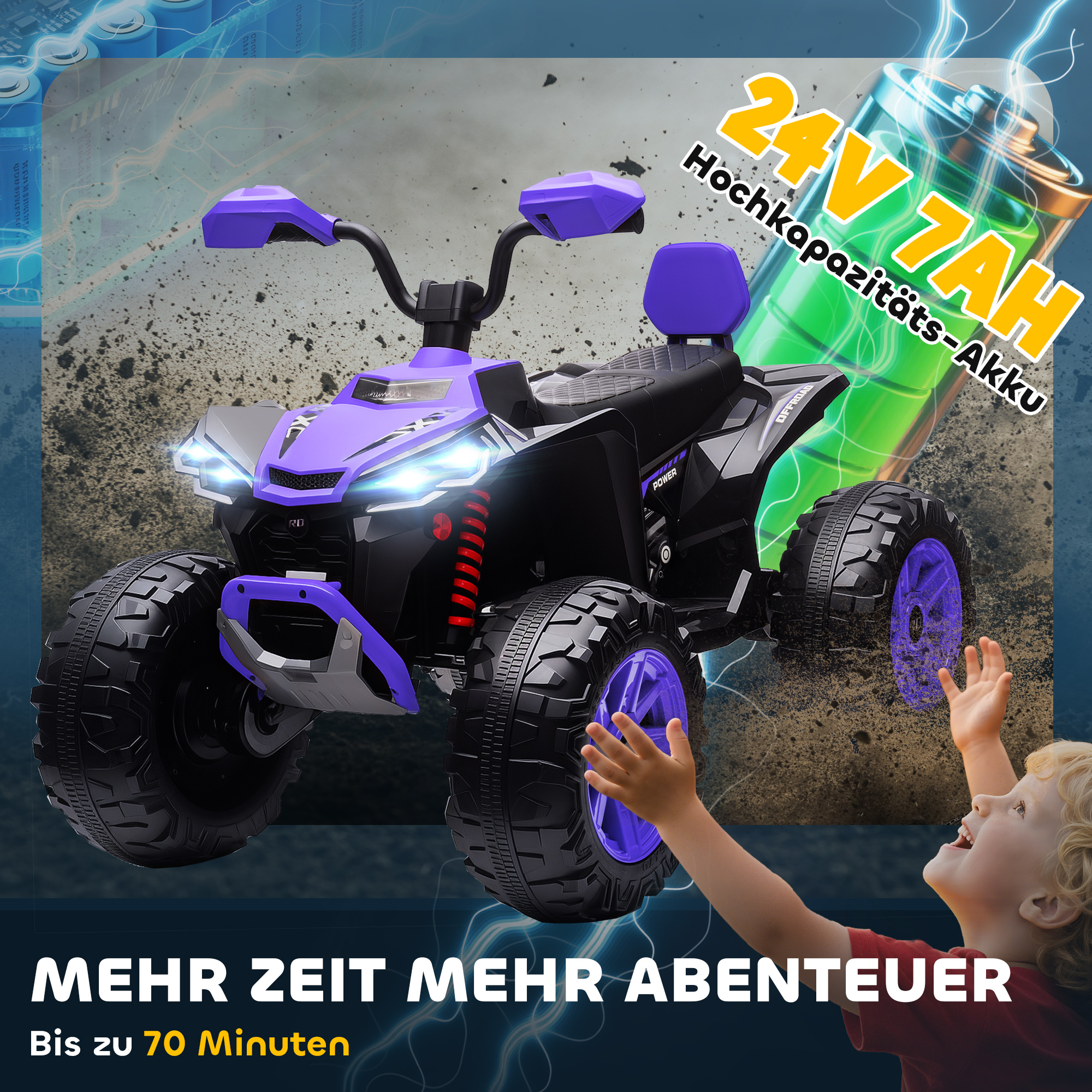 Kinder-Elektro-Quad, 24V Elektro-Fahrzeug mit 4 Rädern, Scheinwerfer, USB-Anschluss, MP3-Funktion, 6,5 km/h, 3-8 Jahre