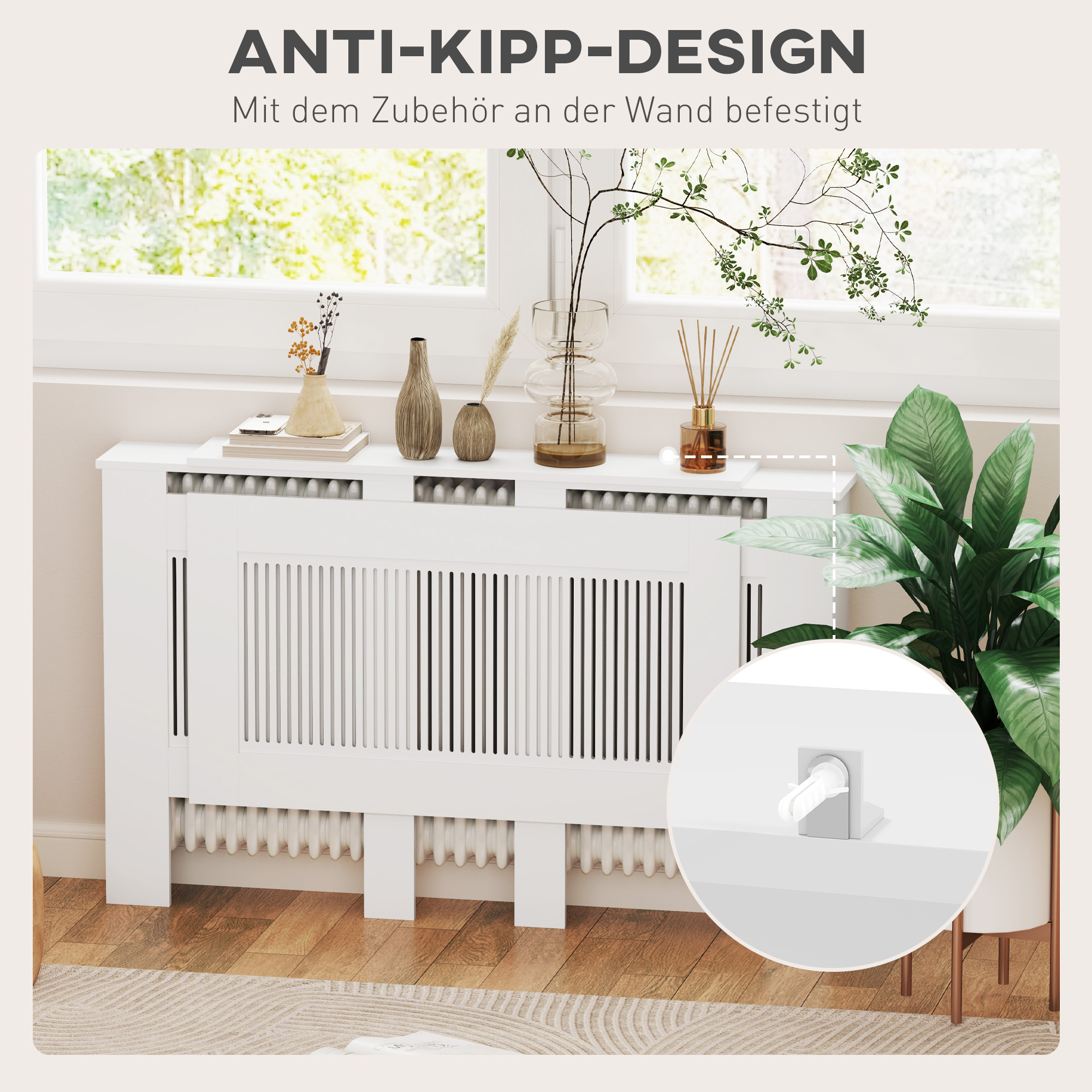 Heizkörperverkleidung, Lamellendesign, verstellbare Länge 125-201 cm, MDF, Weiß