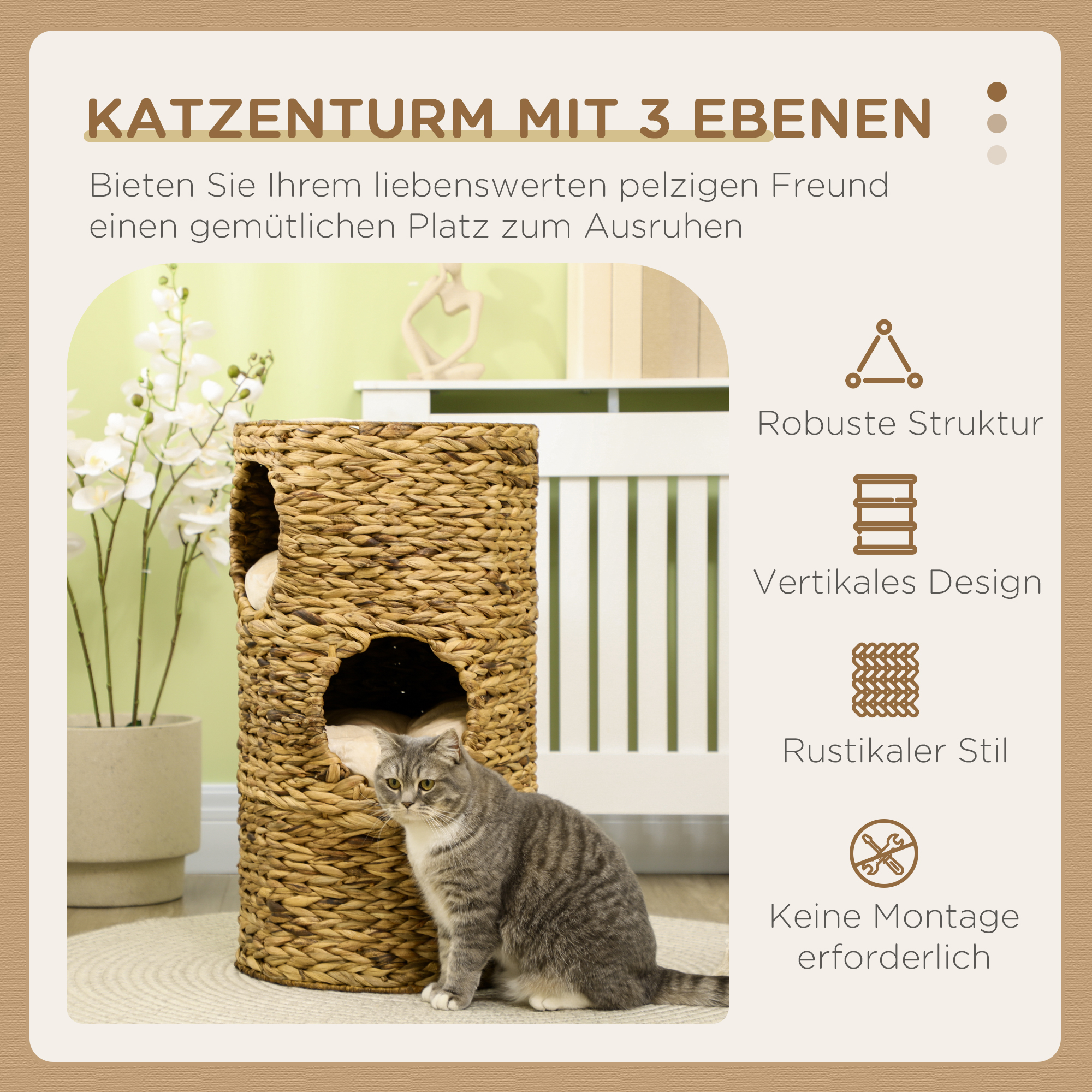 Katzenhöhle mit 3 Ebenen, 3 Eingänge, Boho-Design, inkl. Kissen, 40 cm x 40 cm x 73 cm, Hellbraun + Cremeweiß