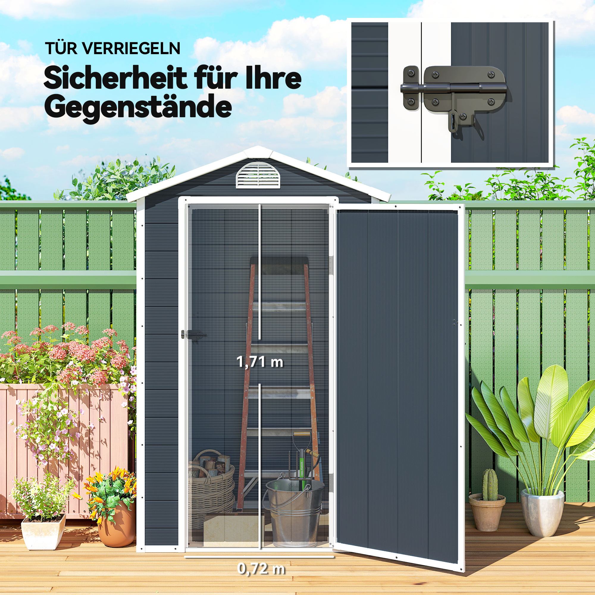 Gerätehaus 1,1m², Geräteschuppen mit Satteldach, 134 x 104 x 204 cm, Kunststoff Gartenchuppen mit Abschließbar Tür Belüftungsöffnung Fenster, Gartenhaus für Garten Dunkelgrau