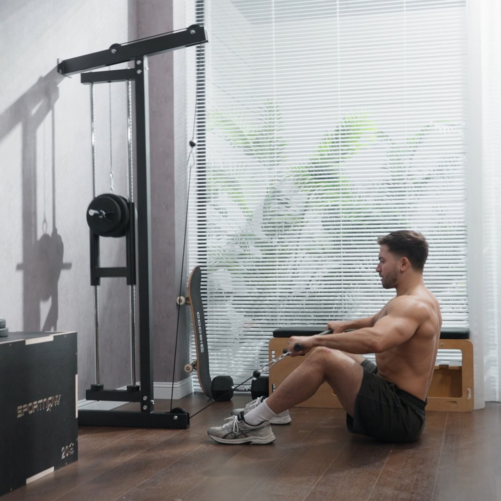 Rudermaschine für Training, wandmontiertes Fitnessgerät, Kabelmaschine für Heimfitnessstudio, Stahl, Schwarz