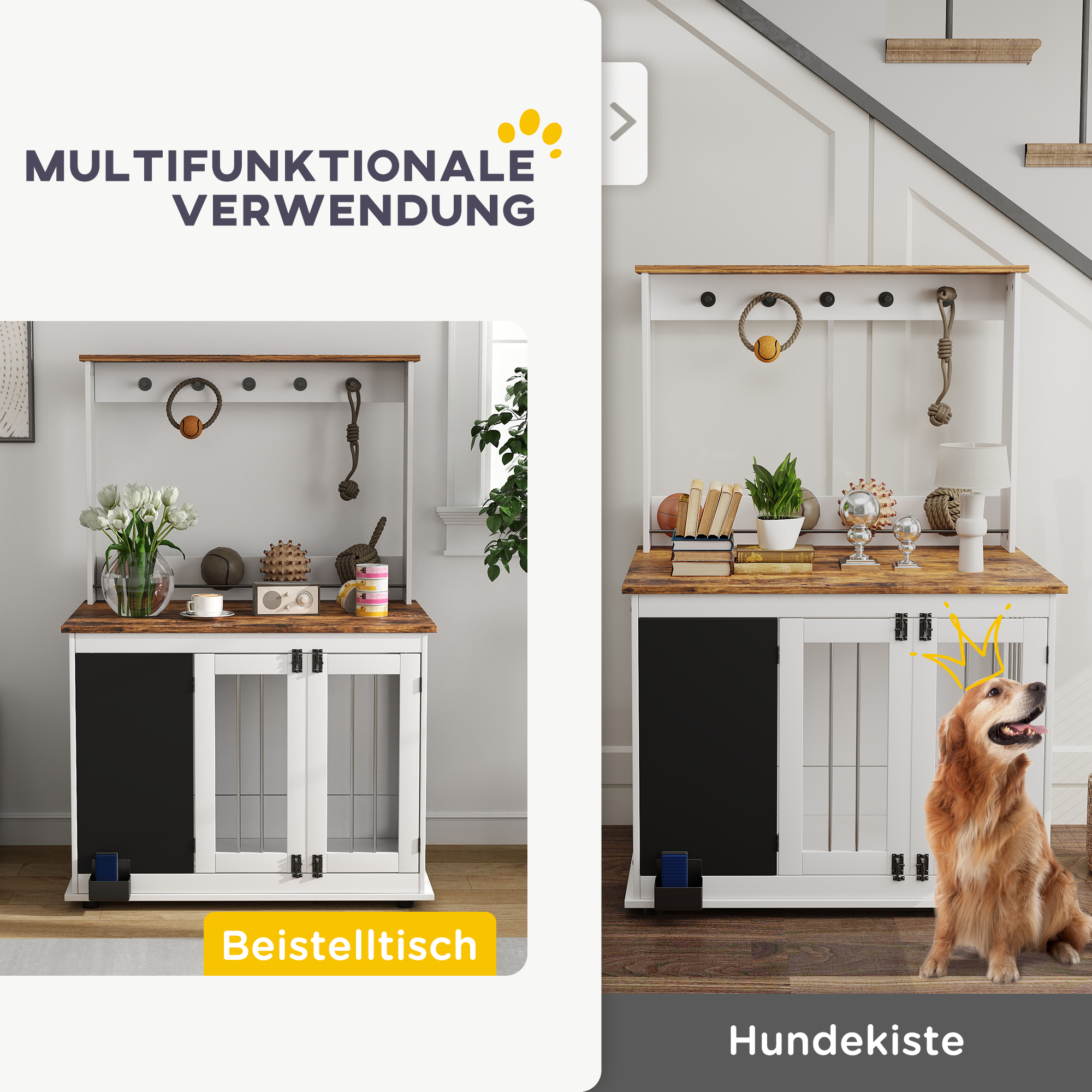 Hundebox mit Aufbewahrungsregal für Spielzeug, Haken für Leinen, Schreibtafel, Radiergummi, für große Hunde, Weiß