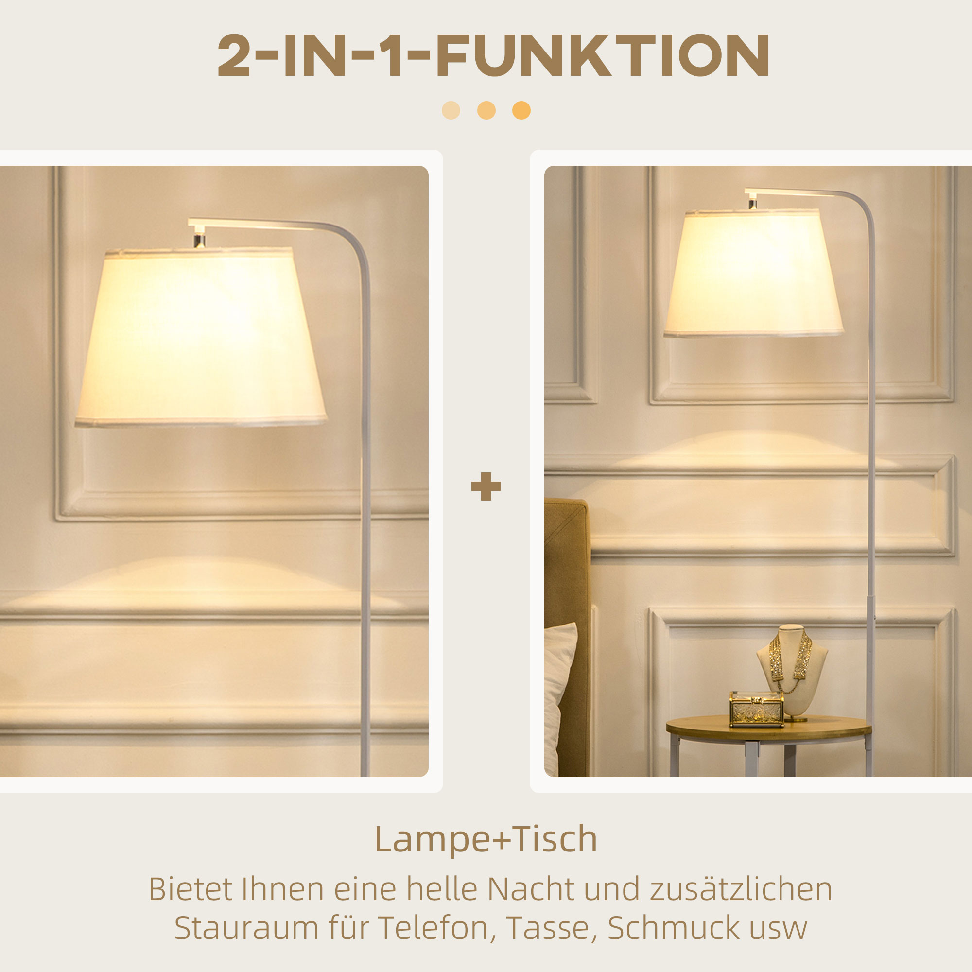 Stehleuchte mit 2 Regalen, Standleuchte, Fußschalter, 40 W. E 27, Natur + Weiß