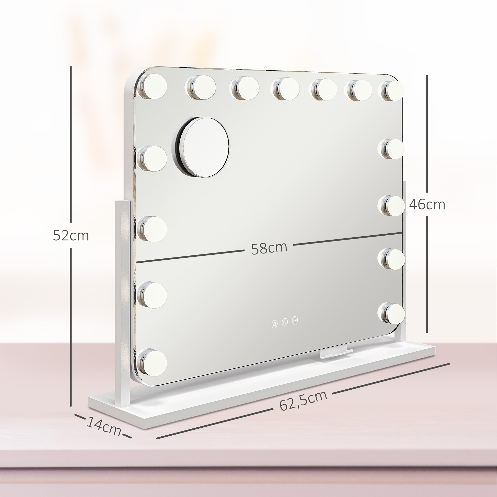 LED-Kosmetikspiegel, 3 Lichtmodi, dimmbar, Touchsteuerung, USB, 62,5 x 49,5cm, Weiß