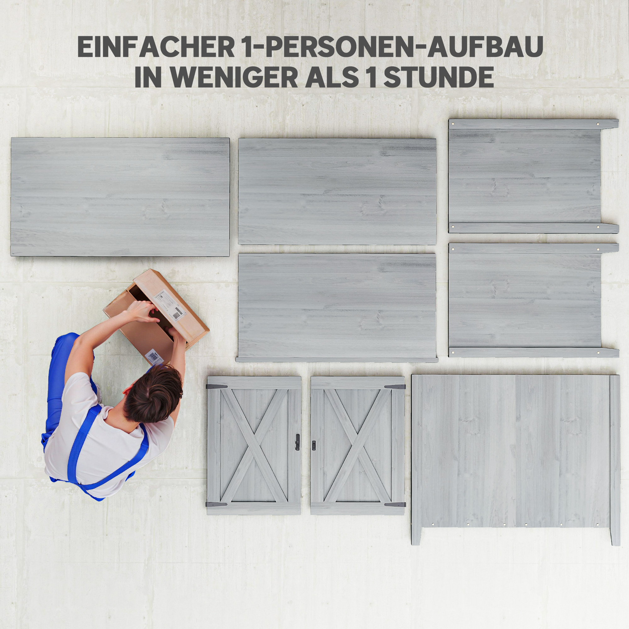Gartenschrank, Holzschrank für Gartengeräte, Outdoor-Schrank für Terrasse, mit Doppeltüren, Scheunendesign, Hellgrau