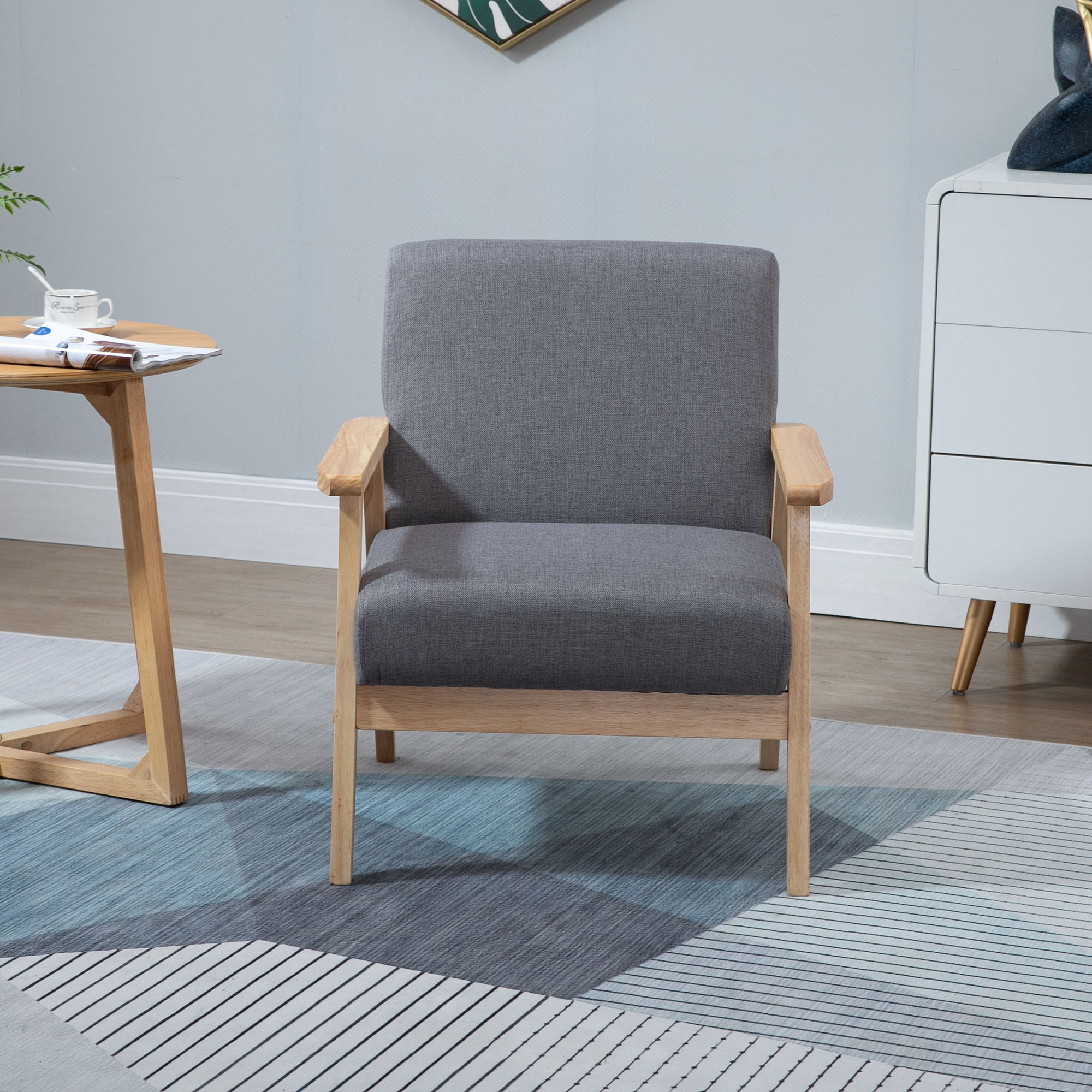 Sessel im Skandi-Design, Akzentsessel, Massivholz, Leinenoptik, 64 cm x 70 cm x 72 cm, Grau + Natur