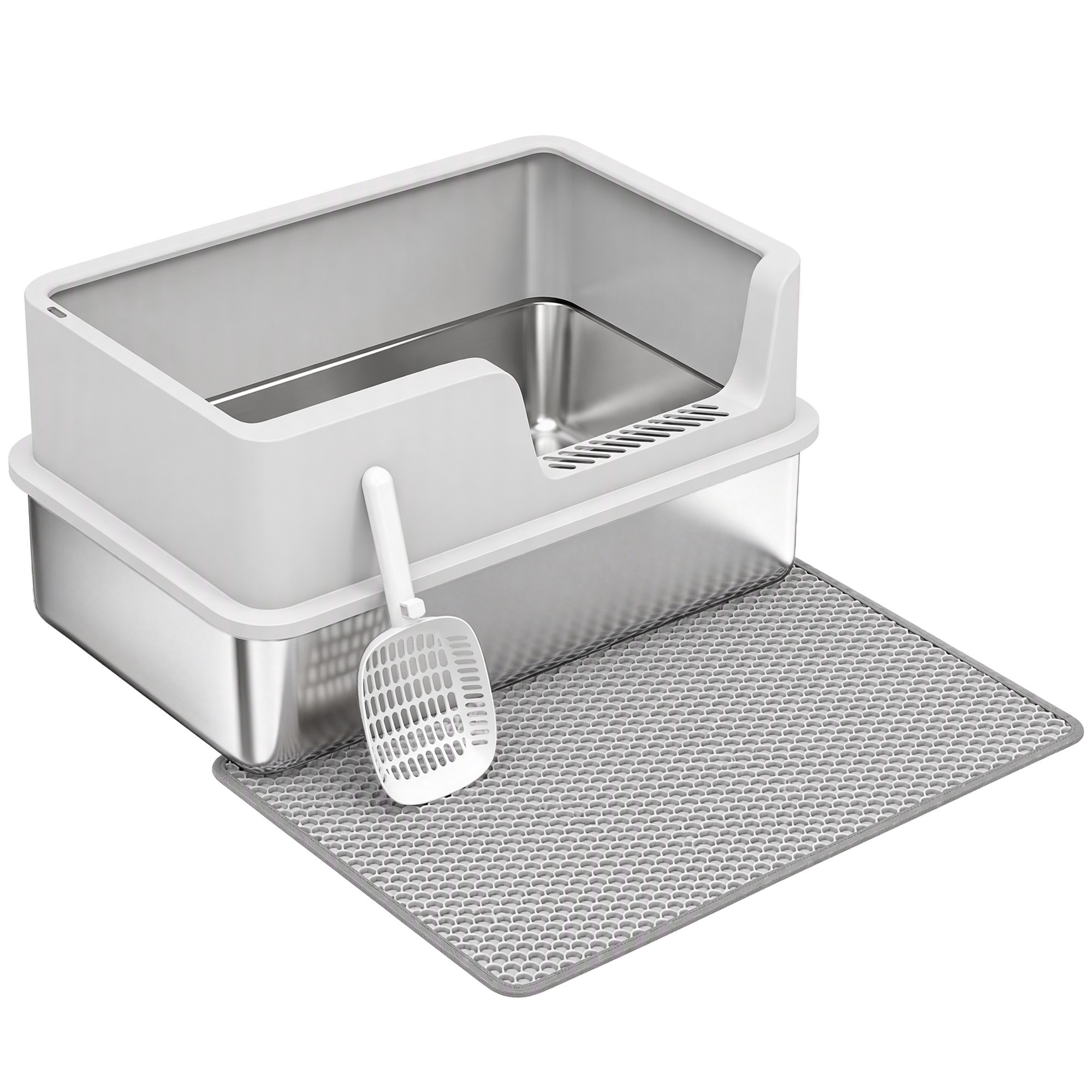 Katzentoilette XL Edelstahl mit Deckel, hohe Seitenwände, Schaufel Bürste Matte für Kätzchen bis 8 kg Hellgrau