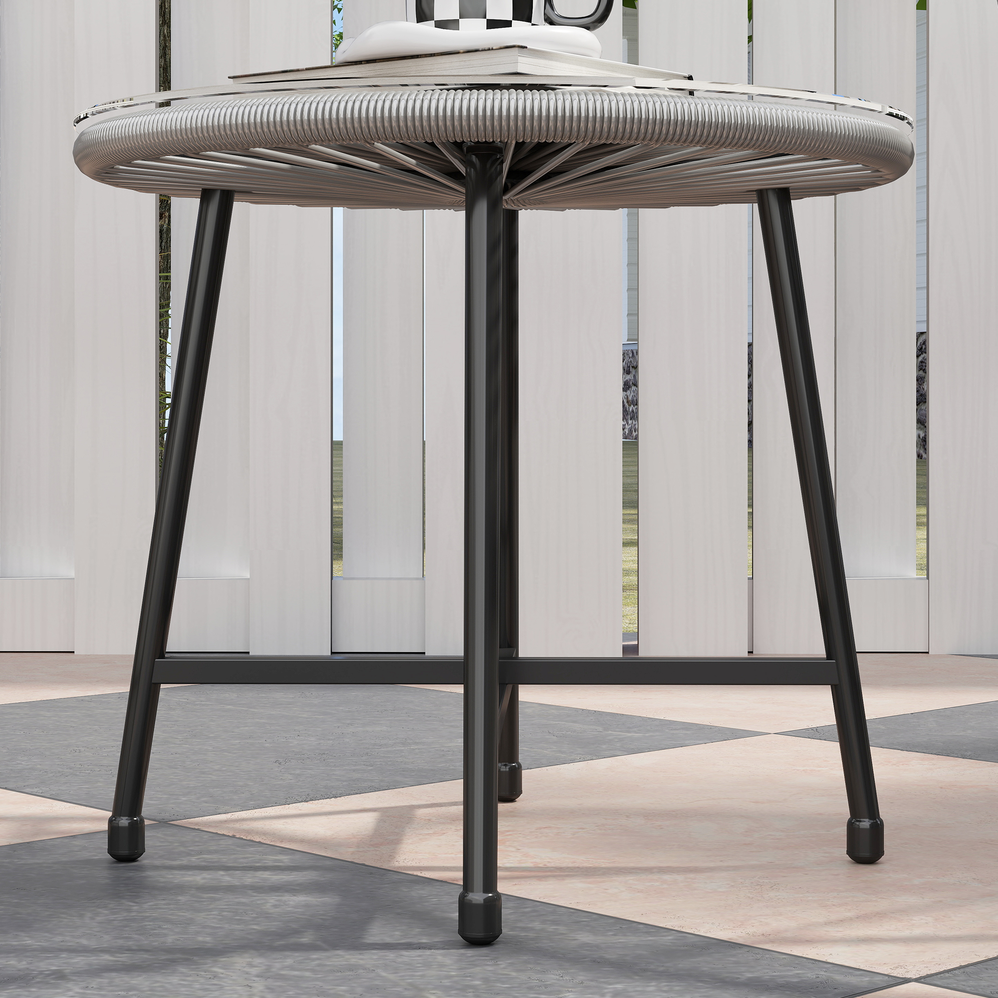 3-teiliges Gartenmöbel-Set, 2 Kunststoffrattan-Stühle, 1 Tisch mit Glasplatte, Stahlrahmen, Outdoor-Sitzmöbel, Grau